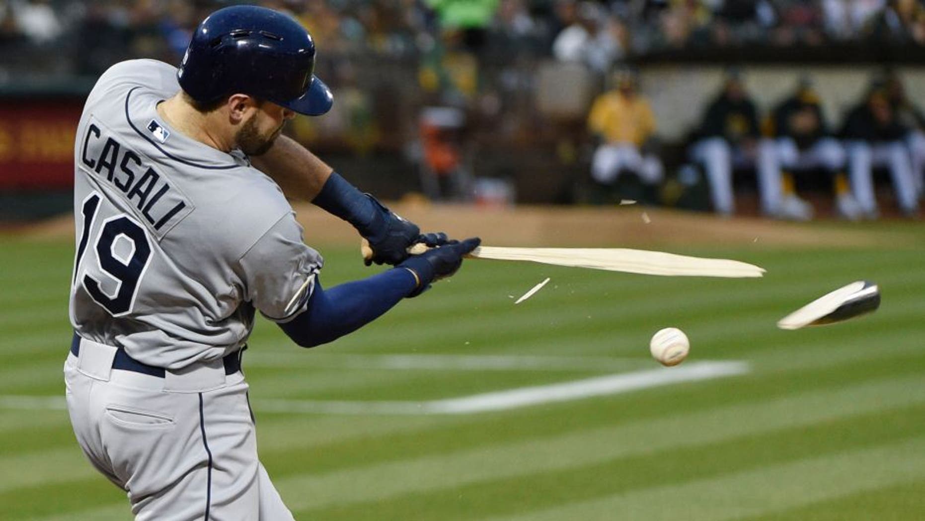 August 21, 2015; Oakland, CA, USA; Tampa Bay Rays catcher Curt Casali (19) breaks his bat during the third inning against the Oakland Athletics at O.co Coliseum. Mandatory Credit: Kyle Terada-USA TODAY Sports