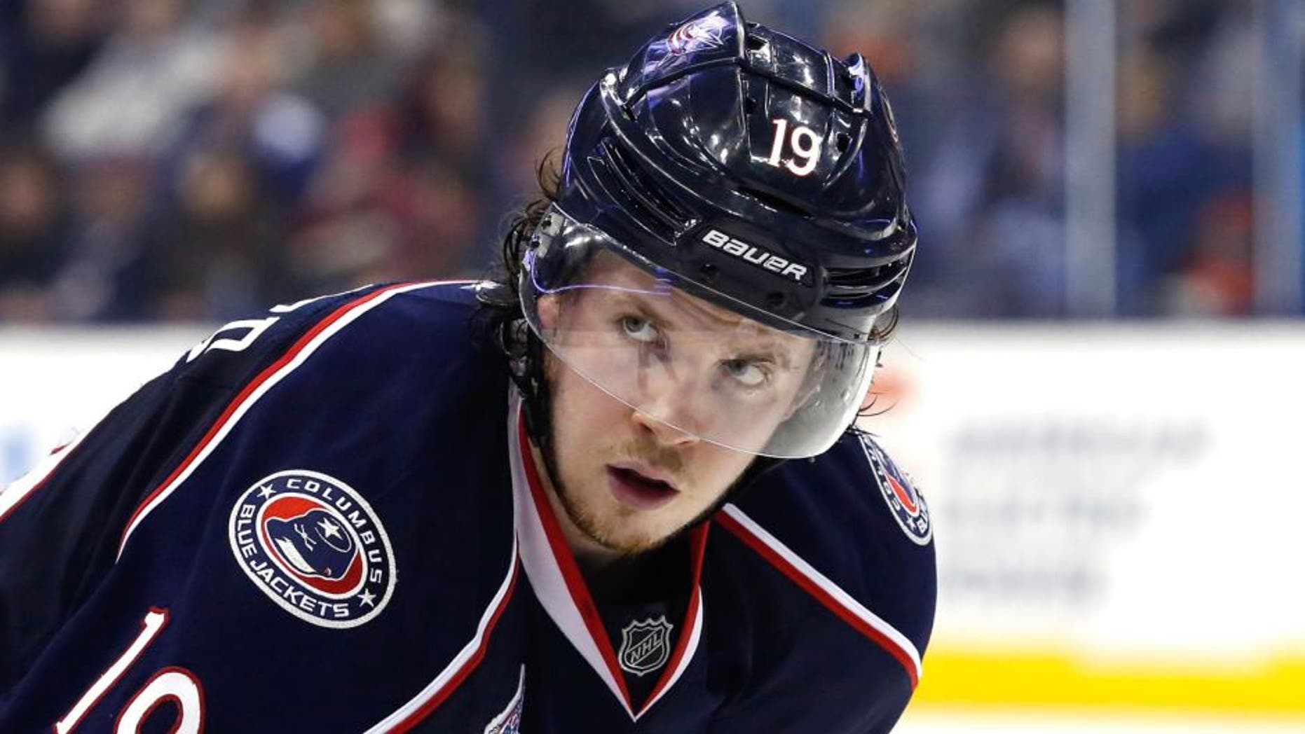 Mar 13, 2015; Columbus, OH, USA; Columbus Blue Jackets center Ryan Johansen (19) against the Edmonton Oilers at Nationwide Arena. The Blue Jackets won 5-4 in a shootout. Mandatory Credit: Aaron Doster-USA TODAY Sports