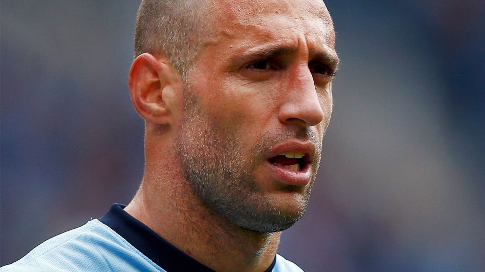 MANCHESTER, ENGLAND - MAY 24: Pablo Zabaleta of Manchester City looks on during the Barclays Premier League match between Manchester City and Southampton held at Etihad Stadium on May 24, 2015 in Manchester, England. (Photo by Dean Mouhtaropoulos/Getty Images)