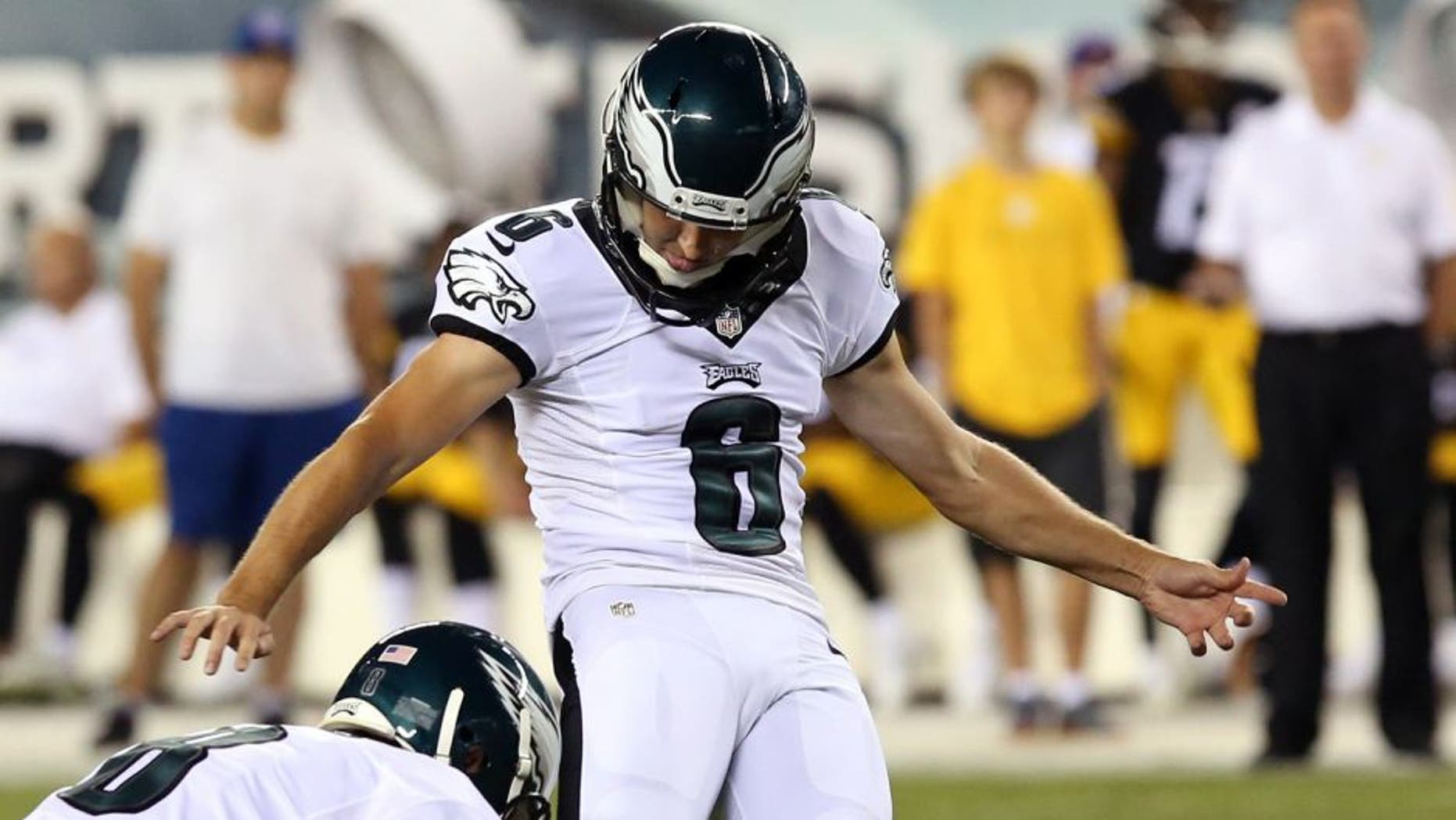 Aug 21, 2014; Philadelphia, PA, USA; Philadelphia Eagles kicker Alex Henery (6) kicks a 36 yard field goal during the second quarter of a game against the Pittsburgh Steelers at Lincoln Financial Field. Mandatory Credit: Bill Streicher-USA TODAY Sports