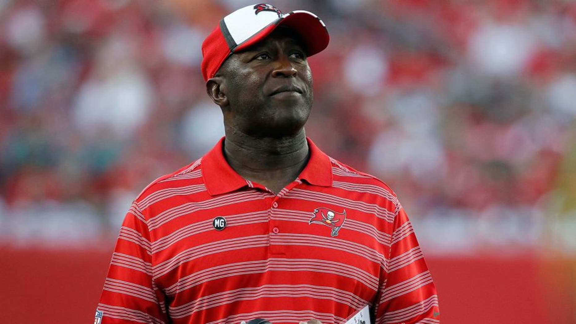 Aug 16, 2014; Tampa, FL, USA; Tampa Bay Buccaneers head coach Lovie Smith during the first quarter against the Miami Dolphins at Raymond James Stadium. Mandatory Credit: Kim Klement-USA TODAY Sports
