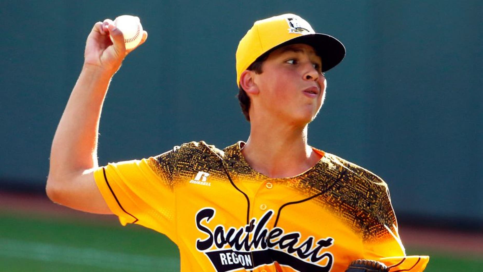 Taylors, South Carolina pitcher Alex Edmondson delivers during the first inning of a baseball game in United States pool play against Cranston, Rhode Island at the Little League World Series tournament in South Williamsport, Pa., Friday, Aug. 21, 2015. (AP Photo/Gene J. Puskar)