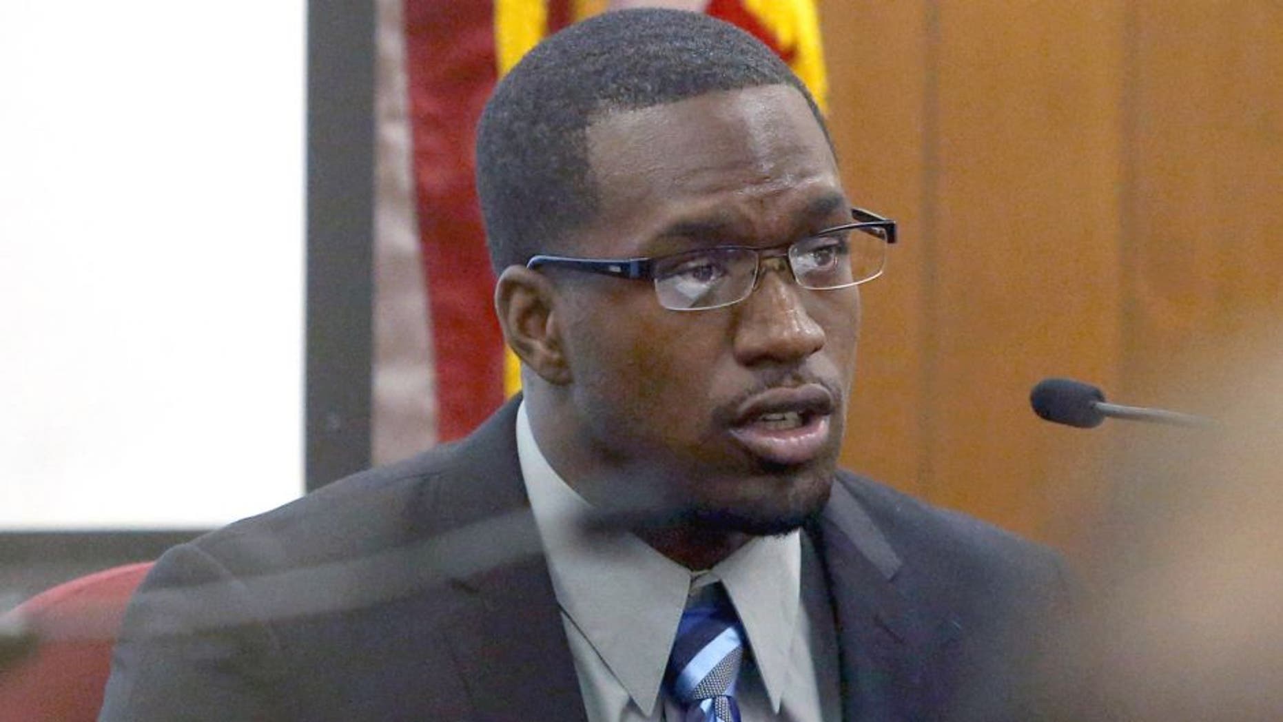 In this photo taken on Thursday, Aug. 20, 2015, Sam Ukwuachu takes the stand during his trial at WacoÃs 54th State District Court, in Waco, Texas. The one-time All-American who transferred to play football at Baylor University has been convicted of sexually assaulting a fellow student athlete in 2013. (Jerry Larson/Waco Tribune-Herald via AP) MANDATORY CREDIT