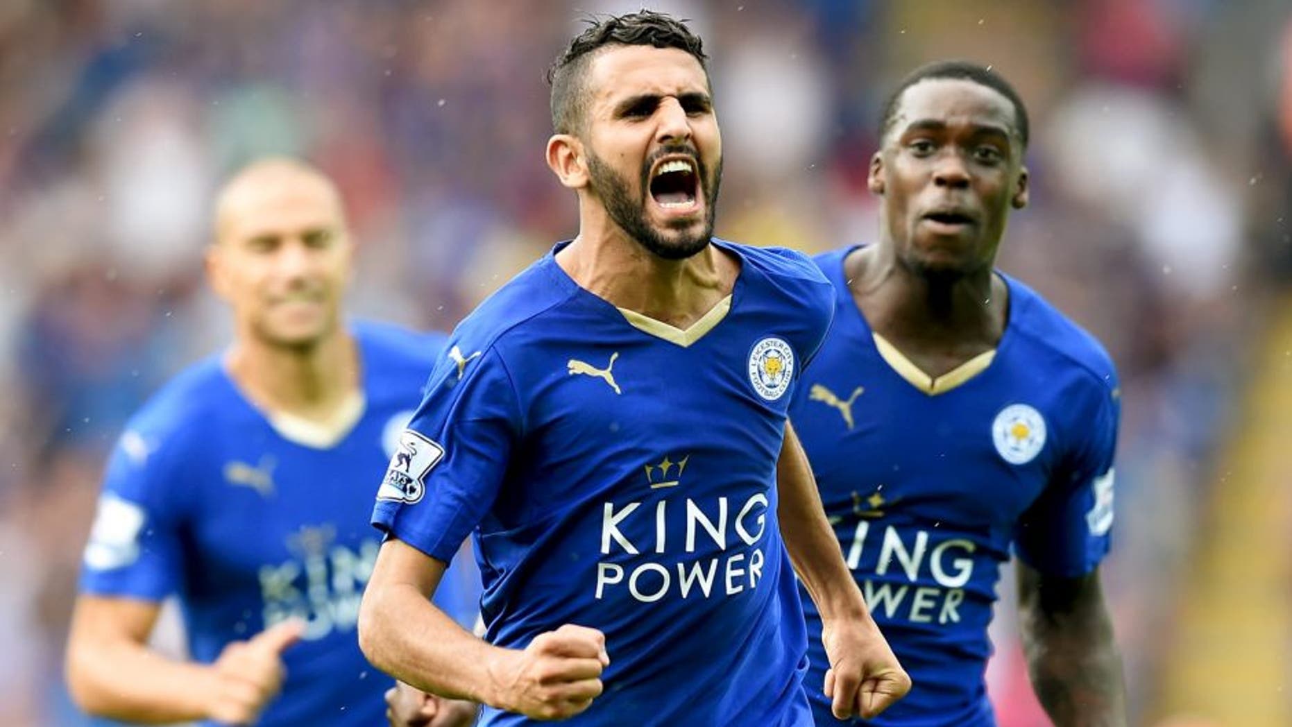 LEICESTER, ENGLAND - AUGUST 22: Riyad Mahrez of Leicester City celebrates scoring his team's first goal during the Barclays Premier League match between Leicester City and Tottenham Hotspur at The King Power Stadium on August 22, 2015 in Leicester, England. (Photo by Michael Regan/Getty Images)