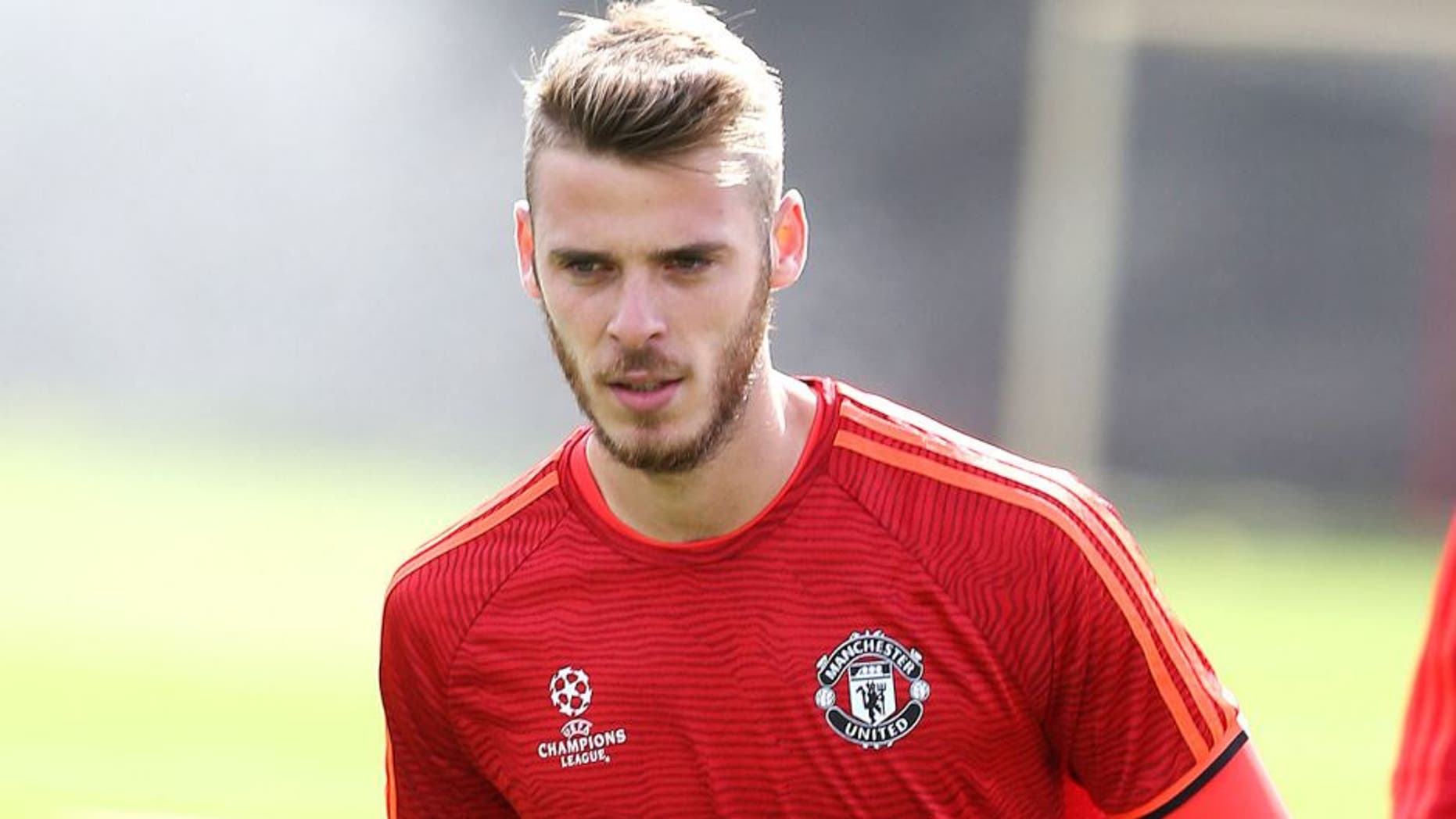 MANCHESTER, ENGLAND - AUGUST 17: David de Gea in action during a first team training session, ahead of their UEFA Champions League play-off first leg match against Club Brugge, at Aon Training Complex on August 17, 2015 in Manchester, England. (Photo by Matthew Peters/Man Utd via Getty Images)