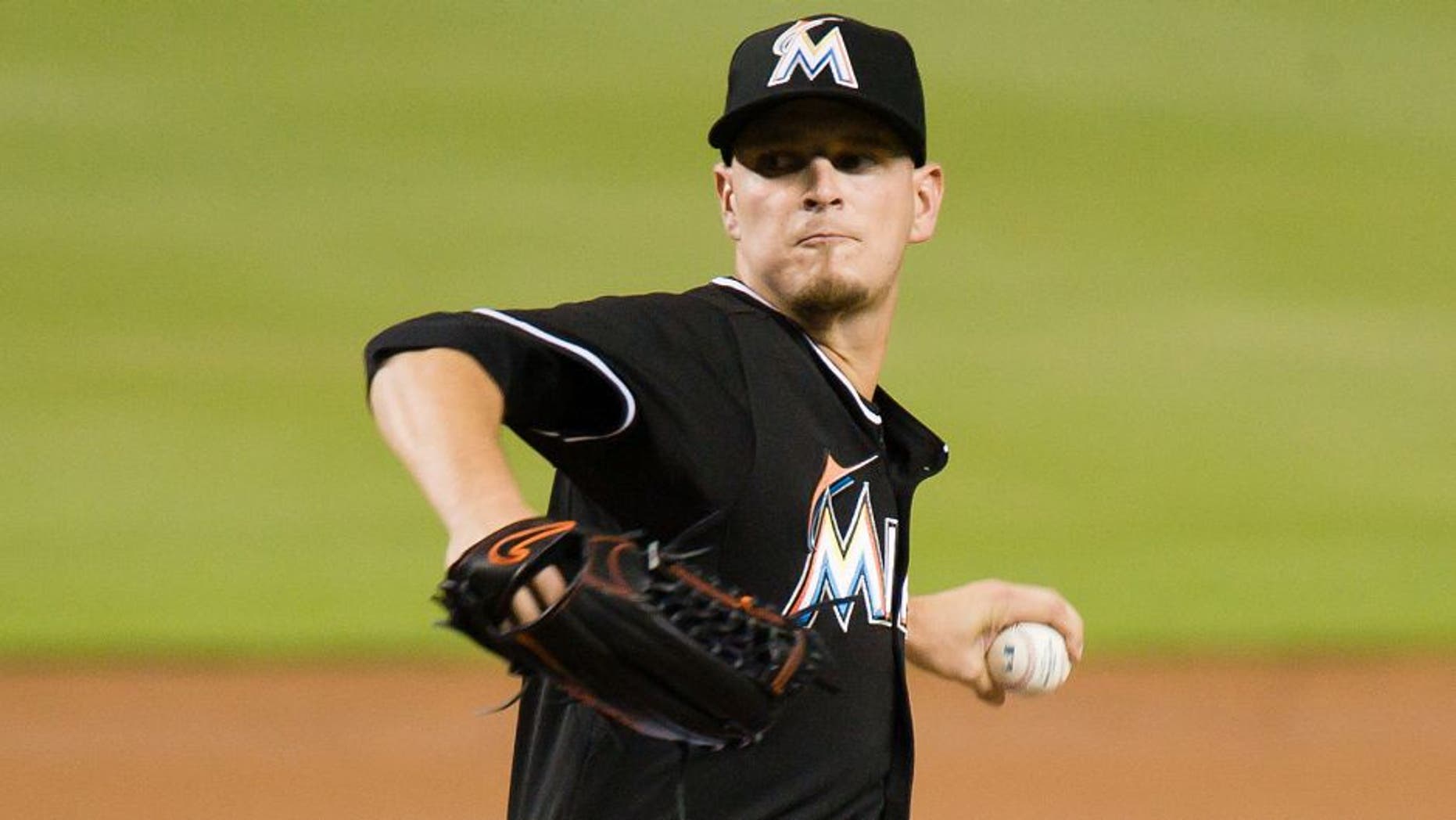 Aug 22, 2015; Miami, FL, USA; Miami Marlins starting pitcher Justin Nicolino (60) throws the ball against the Philadelphia Phillies during the first inning at Marlins Park. Mandatory Credit: Steve Mitchell-USA TODAY Sports
