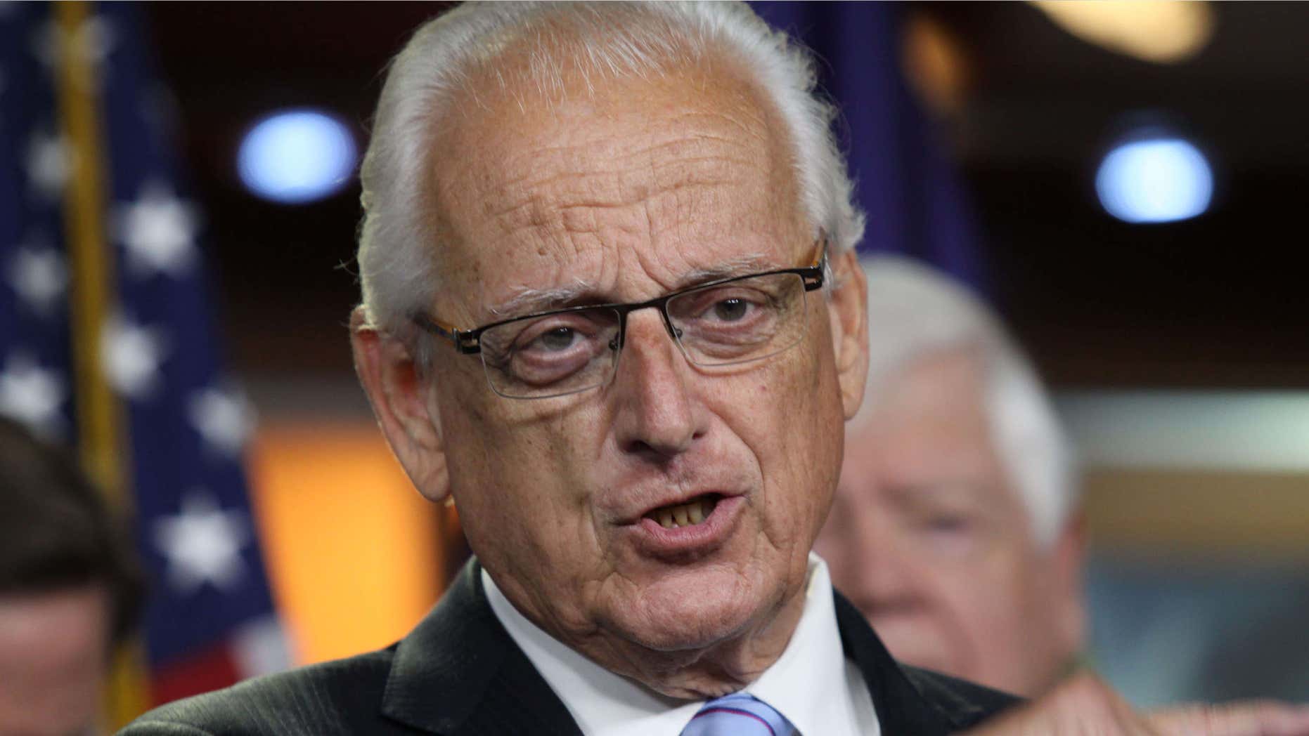 June 16, 2015: Rep. Bill Pascrell, D-N.J., accompanied by fellow House Democrats, gestures during a news conference on Capitol Hill in Washington.