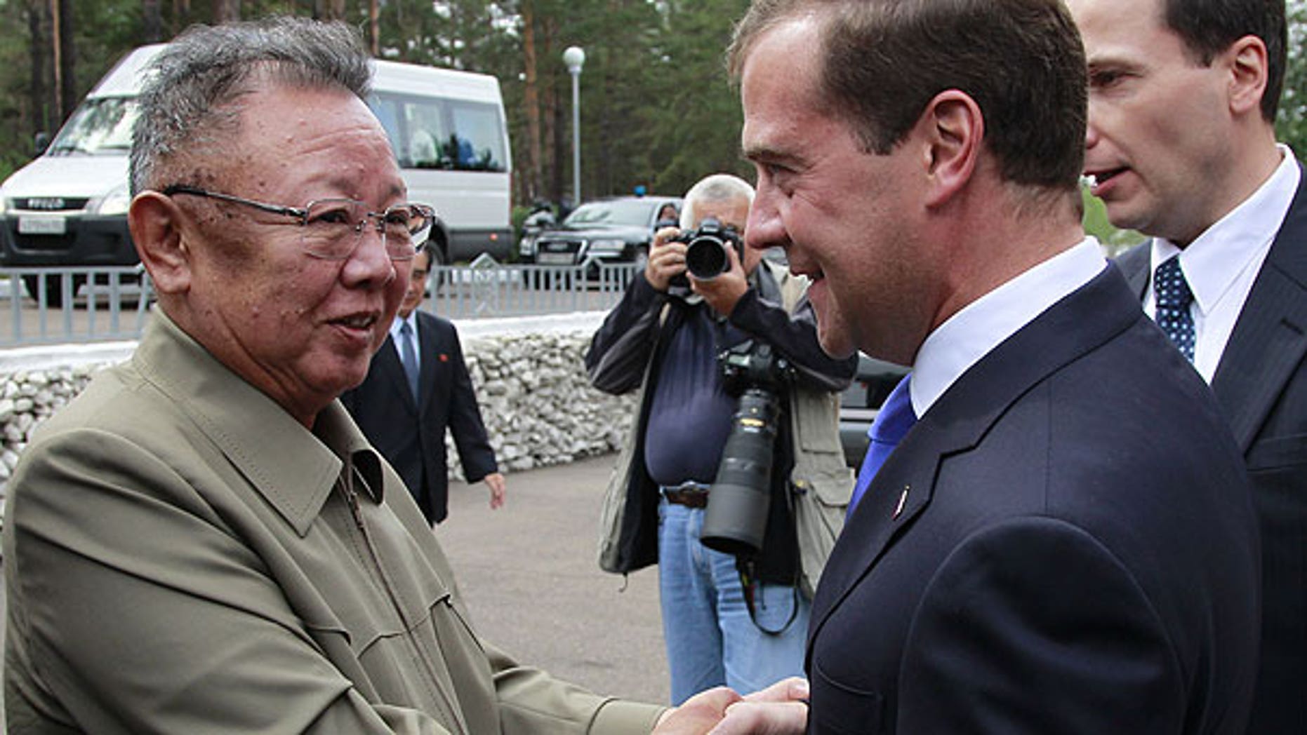Aug. 24: Russian President Dmitry Medvedev, right, shakes hands with North Korean leader Kim Jong Il outside Ulan-Ude in Byryatia.