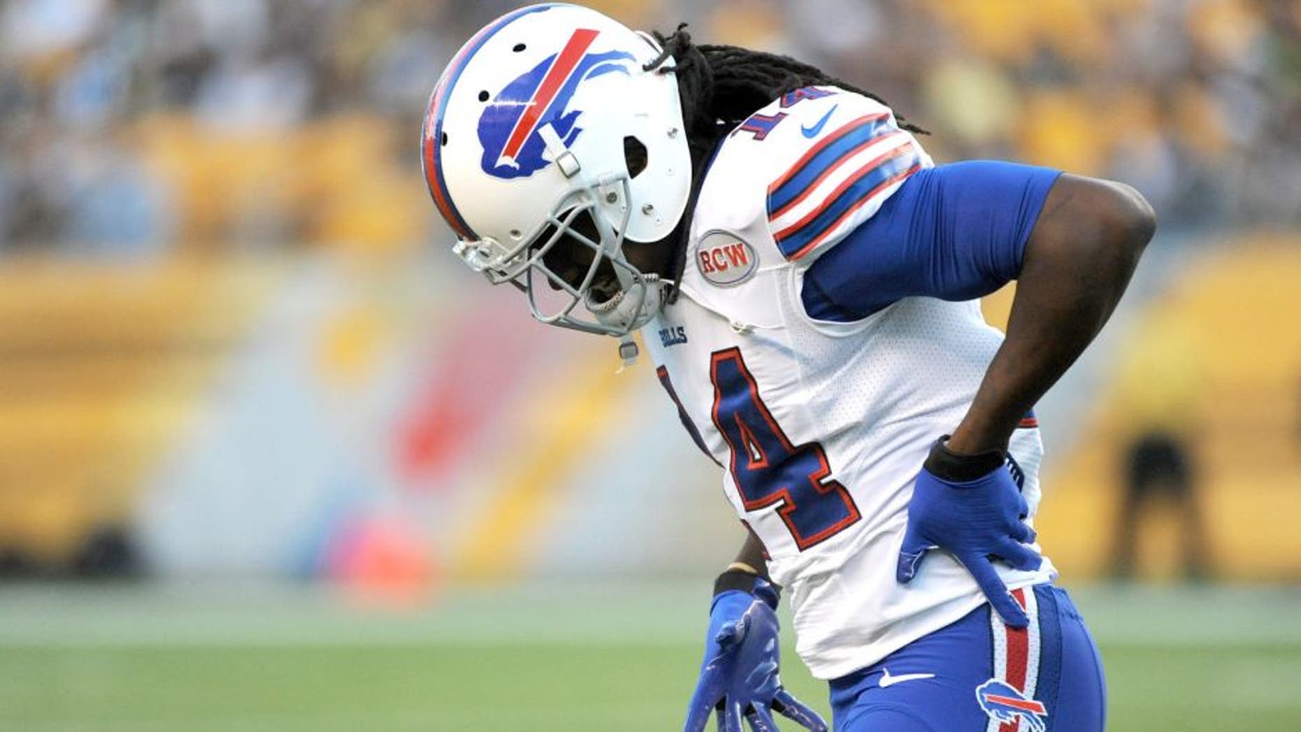 PITTSBURGH, PA - AUGUST 16: Wide receiver Sammy Watkins #14 of the Buffalo Bills holds his side after sustaining a rib injury during a preseason game against the Pittsburgh Steelers at Heinz Field on August 16, 2014 in Pittsburgh, Pennsylvania. The Steelers defeated the Bills 19-16. (Photo by George Gojkovich/Getty Images) *** Local Caption *** Sammy Watkins