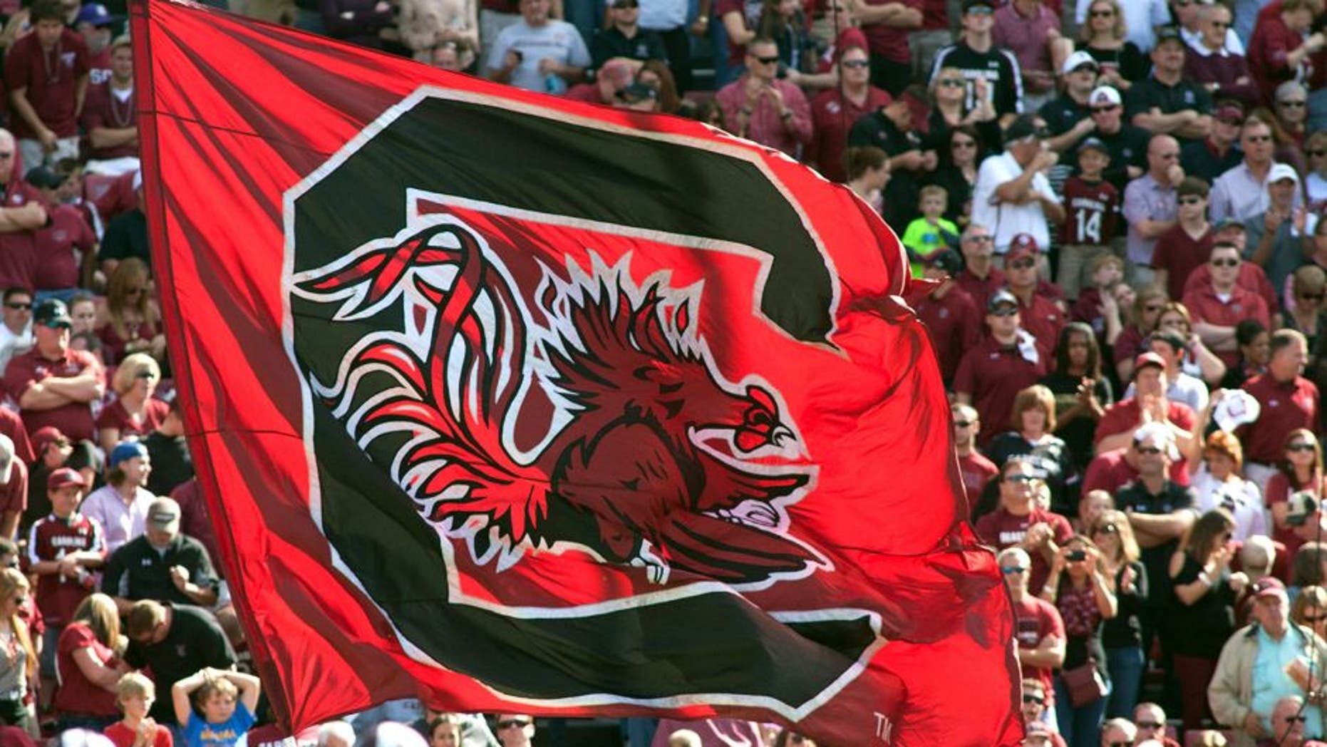 Nov 2, 2013; Columbia, SC, USA; The South Carolina Gamecocks flag is ran across the endzone after a score during the game against the Mississippi State Bulldogs at Williams-Brice Stadium. The Gamecocks defeated the Bulldogs 34-16. Mandatory Credit: Jeremy Brevard-USA TODAY Sports