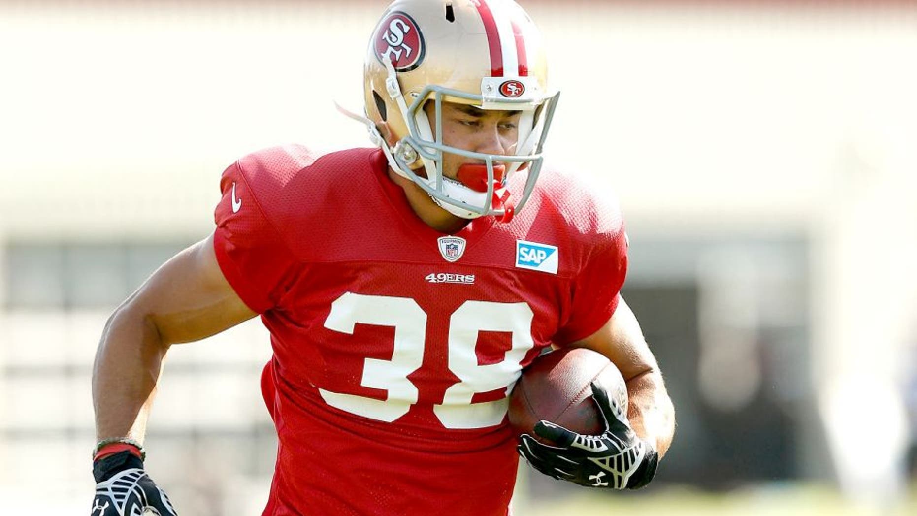 SANTA CLARA, CA - AUGUST 7: Jarryd Hayne #38 of the San Francisco 49ers runs drills during a practice session at Levi's Stadium on August 7, 2015 in Santa Clara, California. Hayne formerly played professional rugby league in Australia for the Parramatta Eels. (Photo by Lachlan Cunningham/Getty Images)