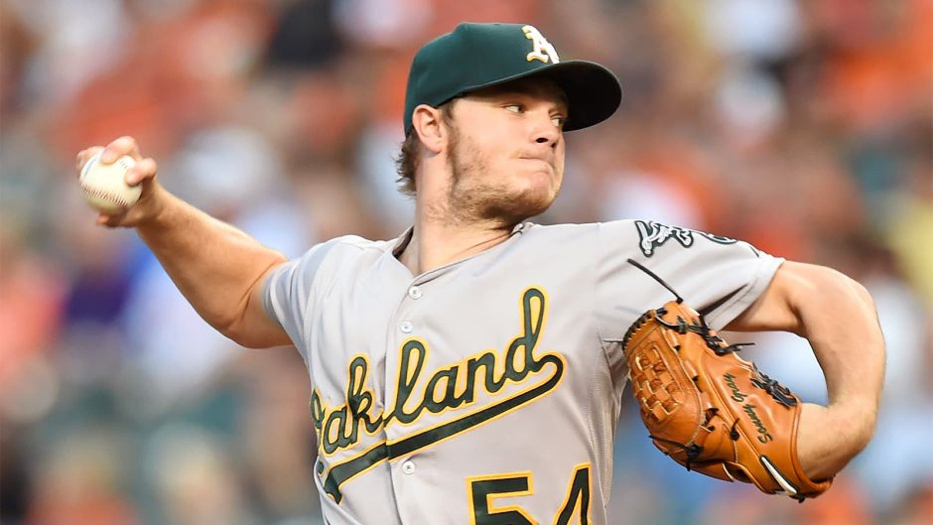 BALTIMORE, MD - AUGUST 17: Sonny Gray #54 of the Oakland Athletics pitches in the second inning during a baseball game against the Baltimore Orioles at Oriole Park at Camden Yards on August 17, 2015 in Baltimore, Maryland. (Photo by Mitchell Layton/Getty Images)