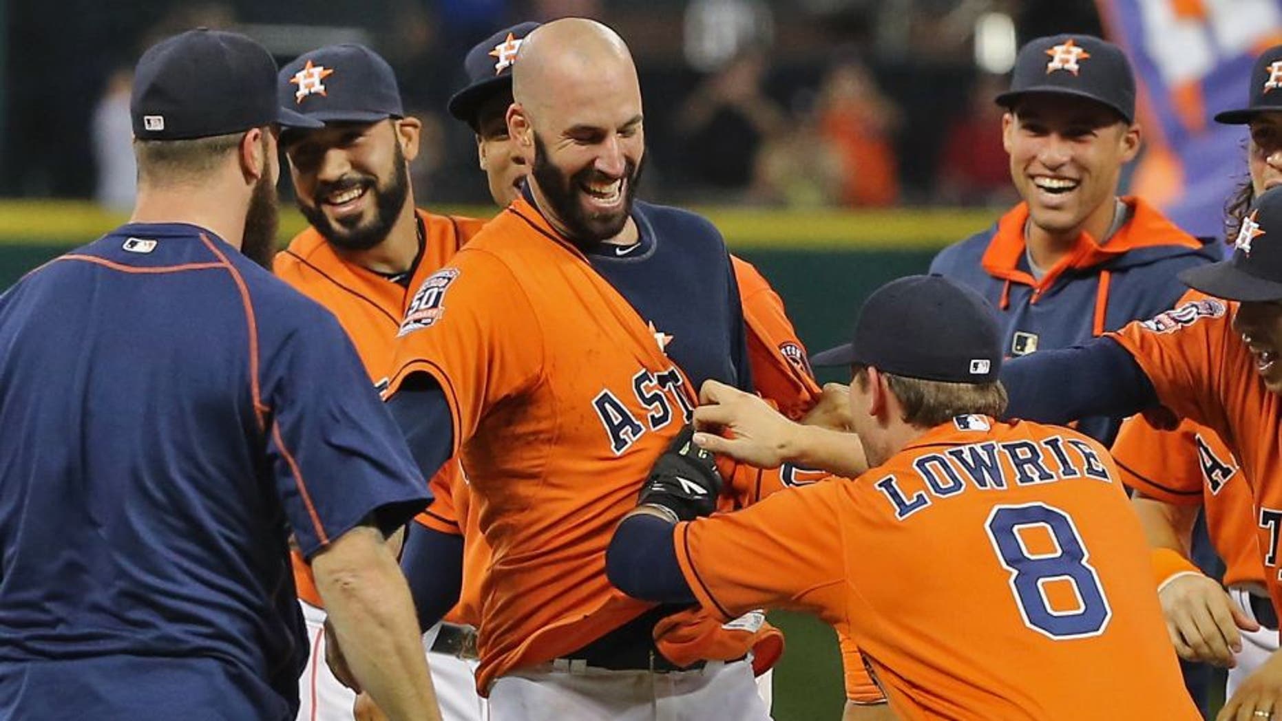 HOUSTON, TX - AUGUST 21: Mike Fiers #54 of the Houston Astros celebrates with his teammates tossing a no-hitter en route to the Astros defeating the Los Angeles Dodgers 3-0 at Minute Maid Park on August 21, 2015 in Houston, Texas. (Photo by Scott Halleran/Getty Images)