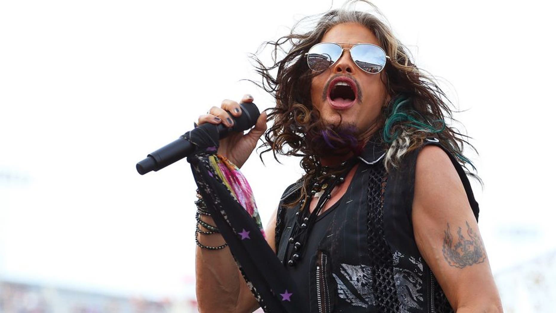 BRISTOL, TN - AUGUST 22: Steven Tyler performs prior to the NASCAR Sprint Cup Series IRWIN Tools Night Race at Bristol Motor Speedway on August 22, 2015 in Bristol, Tennessee. (Photo by Matt Sullivan/NASCAR via Getty Images)