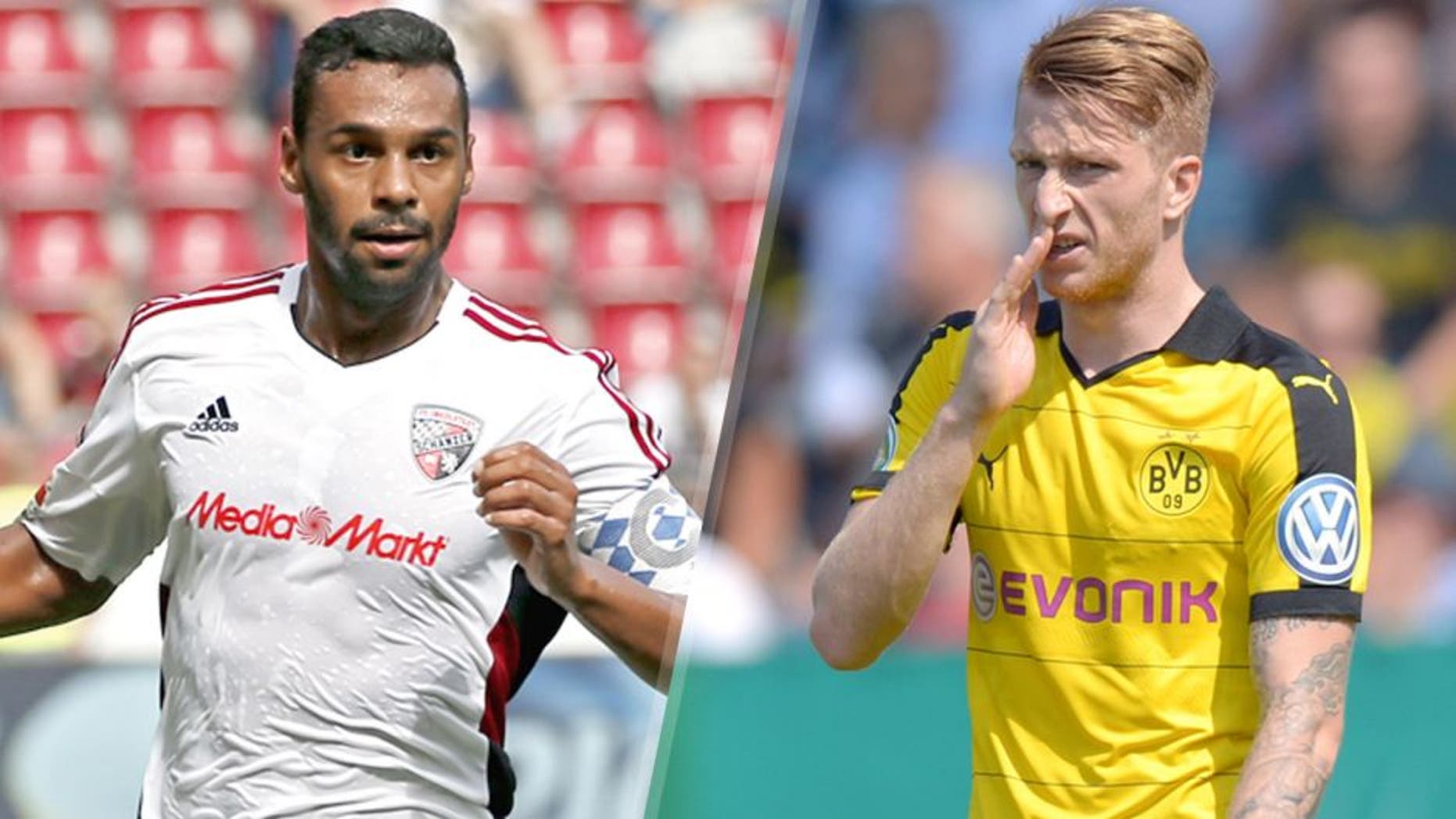 L - MAINZ GERMANY - AUGUST 15: Marvin Matip of Ingolstadt with the ball during the Bundesliga match between 1. FSV Mainz 05 and FC Ingolstadt at Coface Arena on August 15, 2015 in Mainz, Germany. (Photo by Ronald Wittek/Bongarts/Getty Images) R - CHEMNITZ, GERMANY - AUGUST 09: Marco Reus of Dortmund reacts during the DFB Cup first round match between Chemnitzer FC and Borussia Dortmund at Stadion an der Gellertstrasse on August 9, 2015 in Chemnitz, Germany. (Photo by Thomas Eisenhuth/Bongarts/Getty Images)
