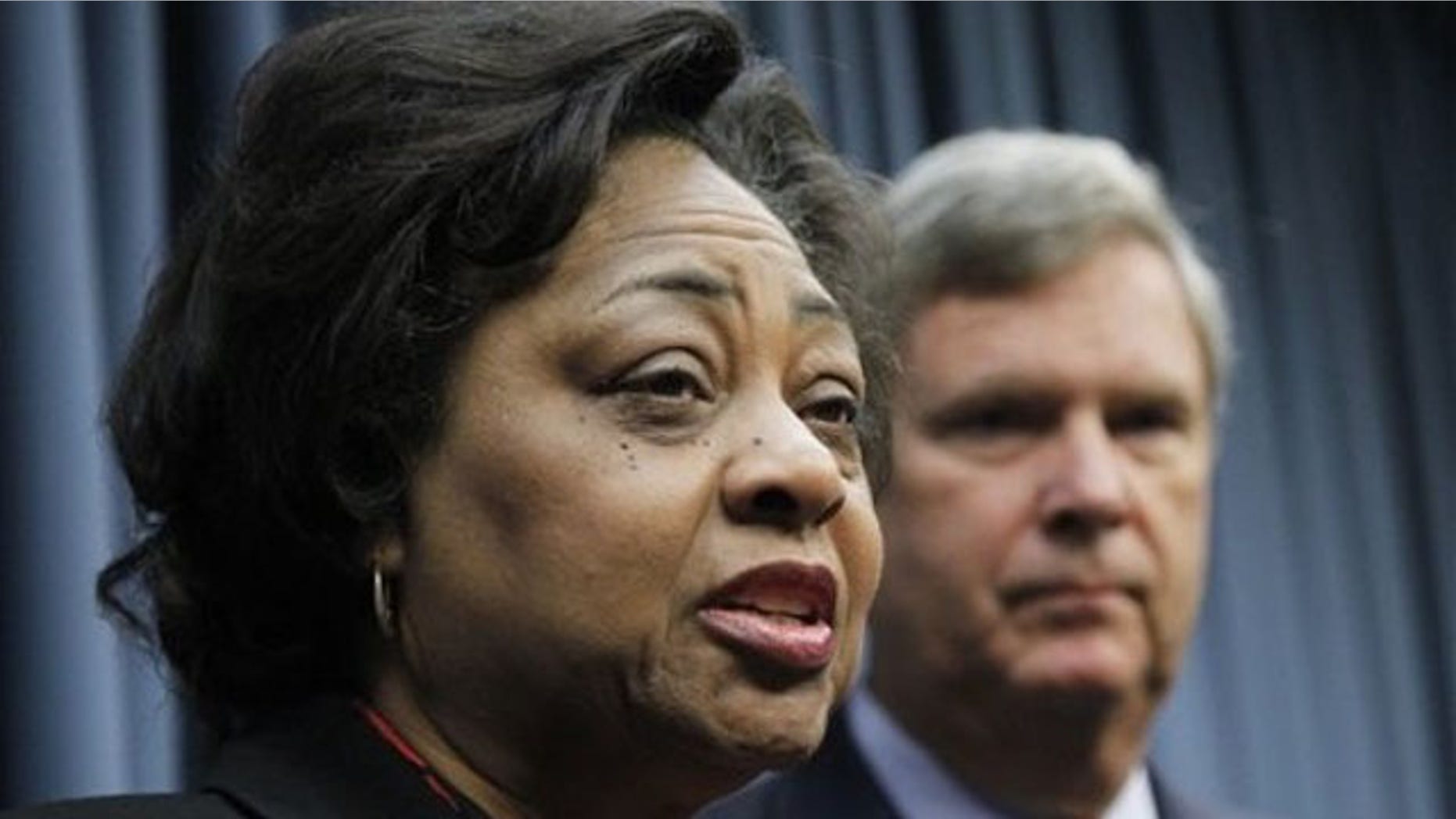 Aug. 24, 2010: Former Agriculture Department official Shirley Sherrod with Agriculture Secretary Tom Vilsack speaks during a news conference at the Agriculture Department in Washington, D.C.