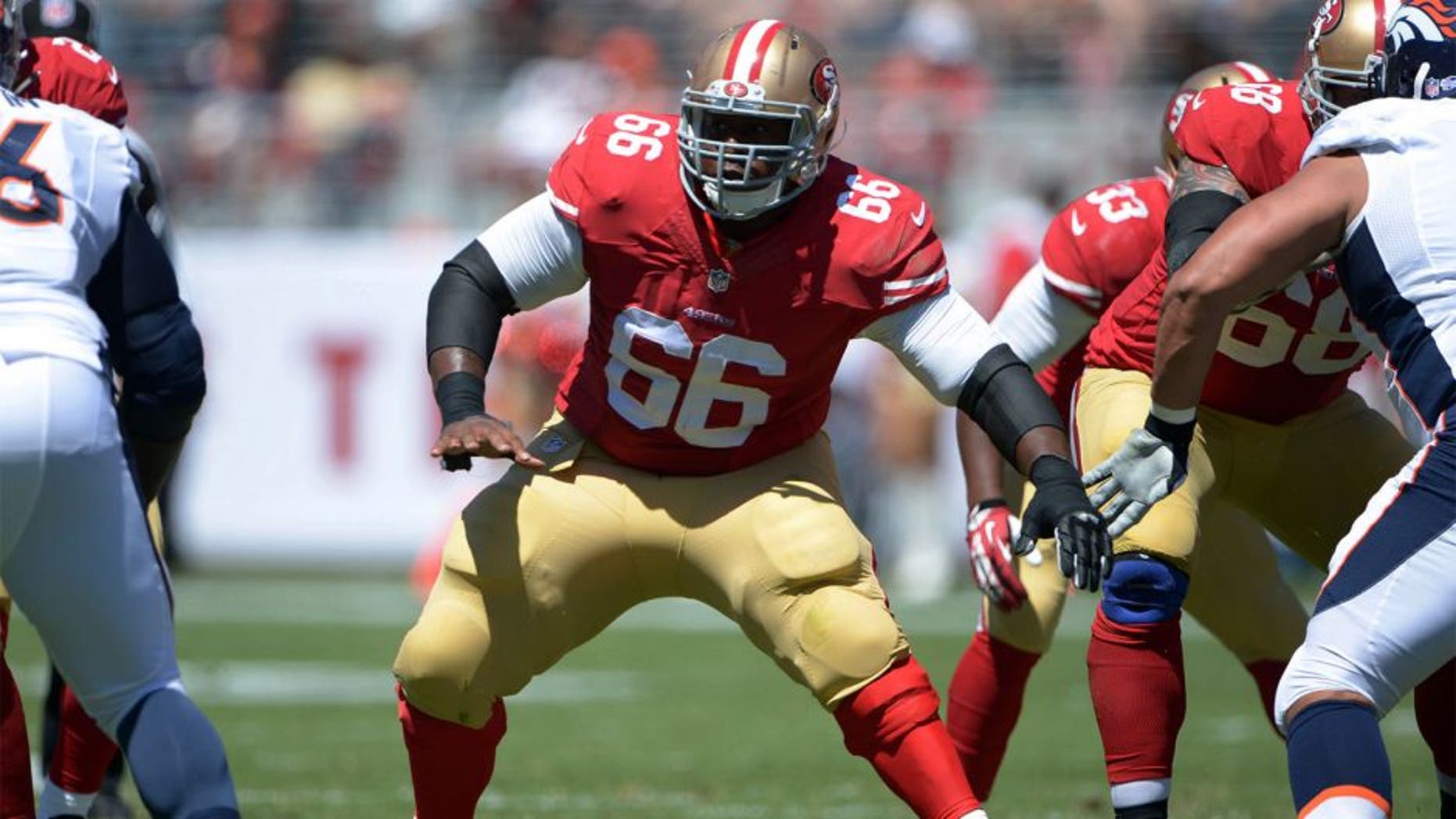 Aug 17, 2014; Santa Clara, CA, USA; San Francisco 49ers center Marcus Martin (66) against the Denver Broncos in the inaugural football game at Levi's Stadium. Mandatory Credit: Kirby Lee-USA TODAY Sports