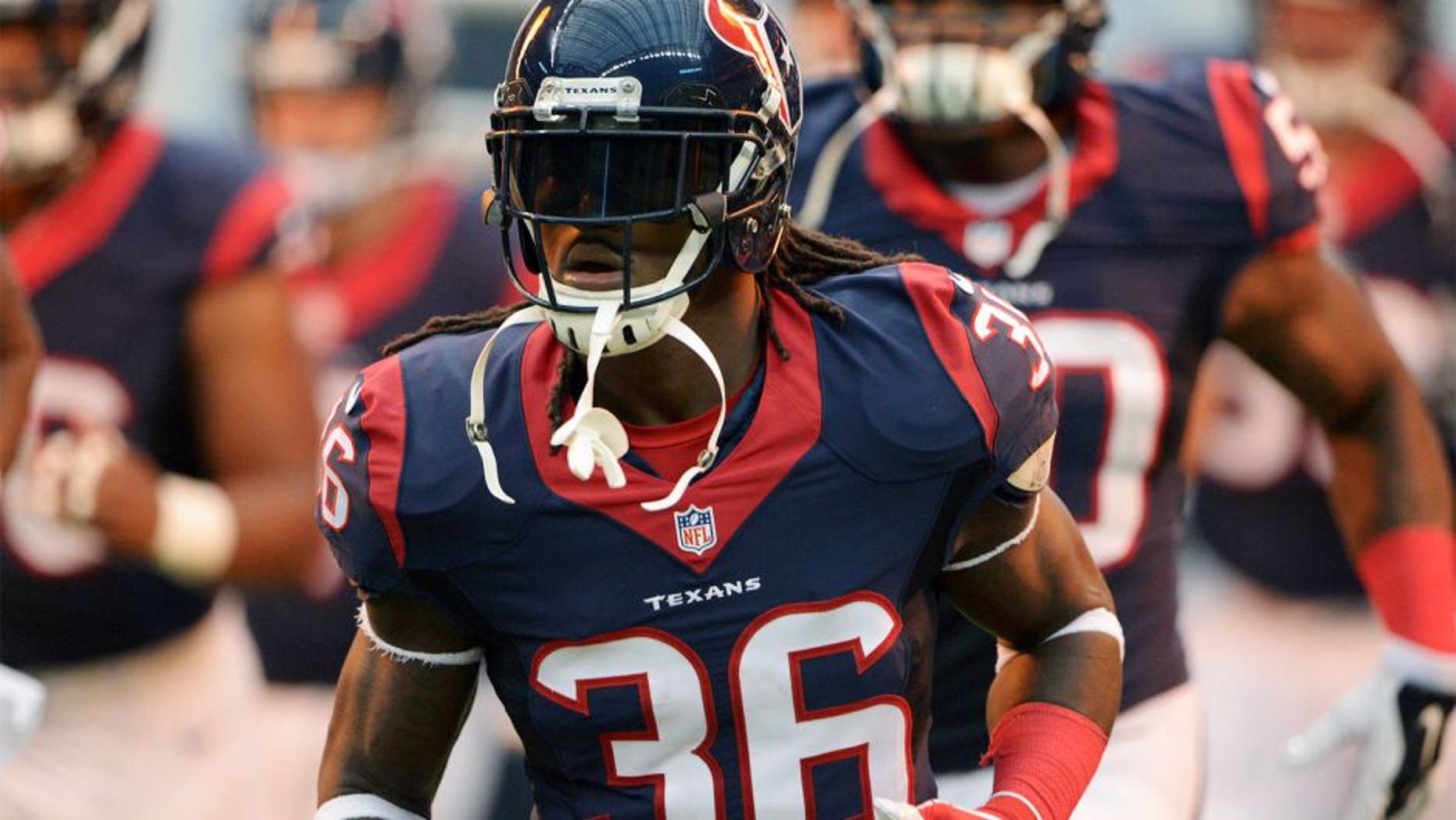 Aug 16, 2014; Houston, TX, USA; Houston Texans safety D.J. Swearinger (36) before the game against the Atlanta Falcons at NRG Stadium. Mandatory Credit: Kirby Lee-USA TODAY Sports