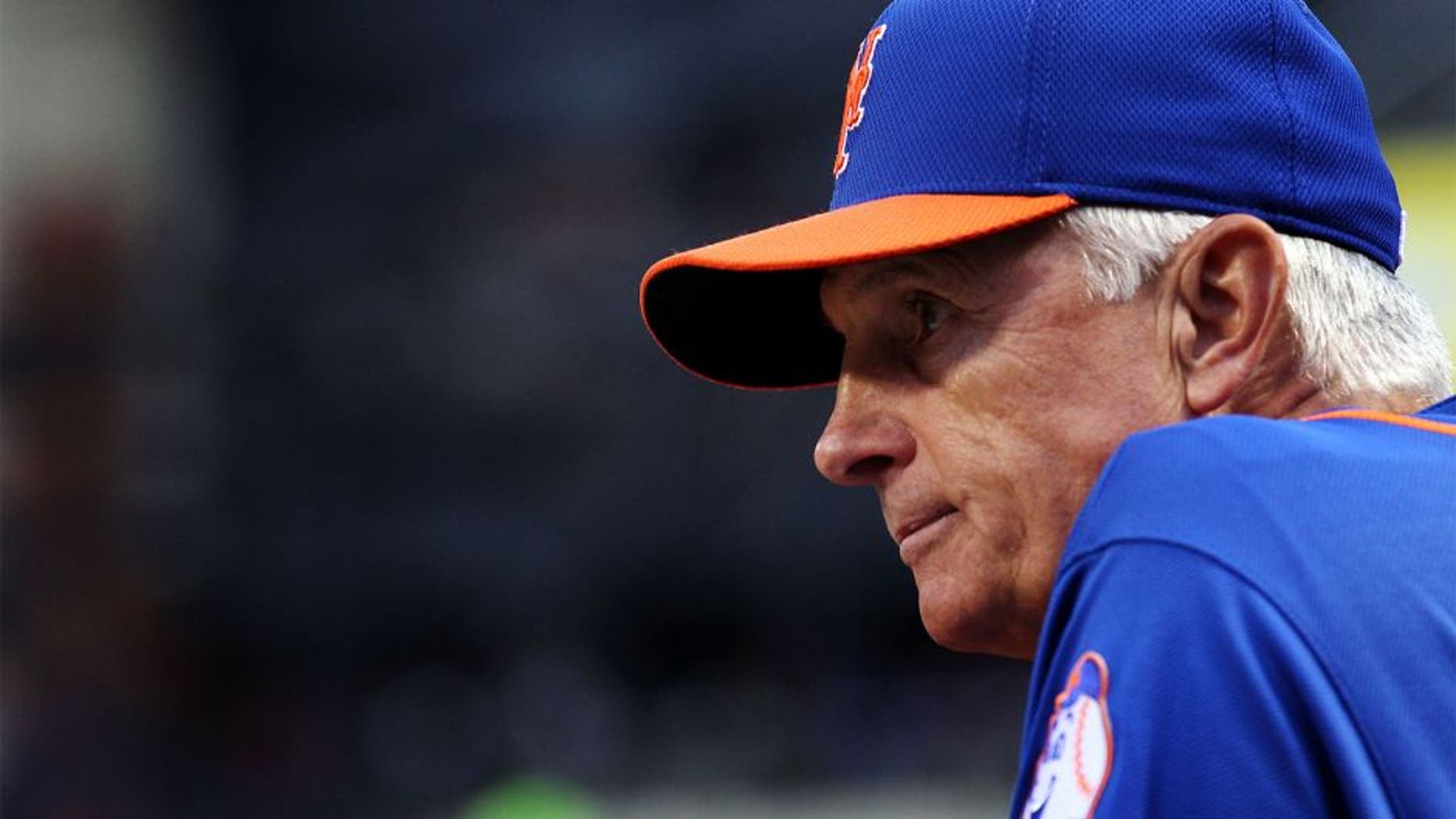 Aug 15, 2014; New York, NY, USA; New York Mets manager Terry Collins (10) looks on before taking on the Chicago Cubs at Citi Field. Mandatory Credit: Adam Hunger-USA TODAY Sports