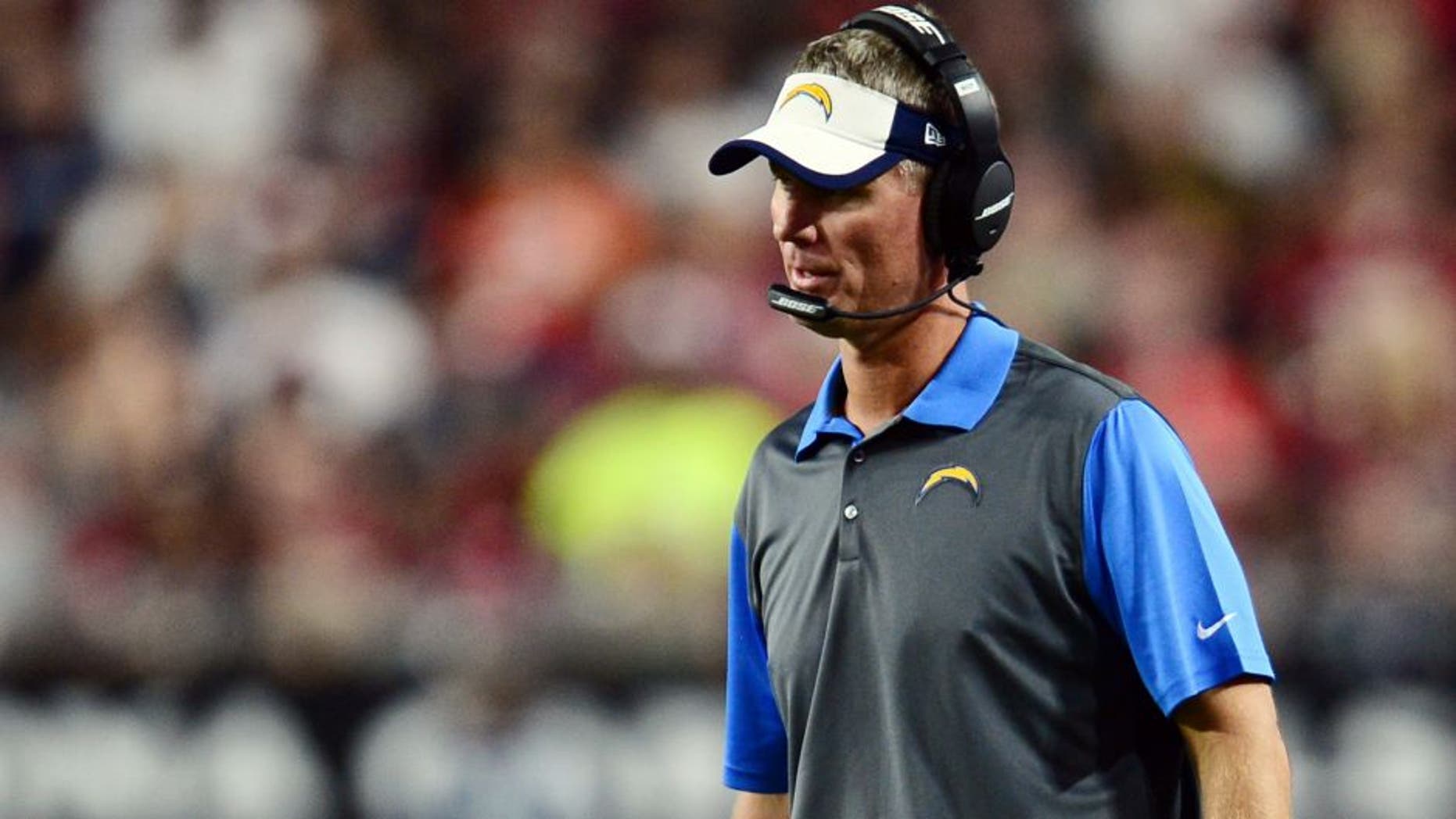 Aug 22, 2015; Glendale, AZ, USA; San Diego Chargers head coach Mike McCoy looks on against the Arizona Cardinals during the first half at University of Phoenix Stadium. Mandatory Credit: Joe Camporeale-USA TODAY Sports