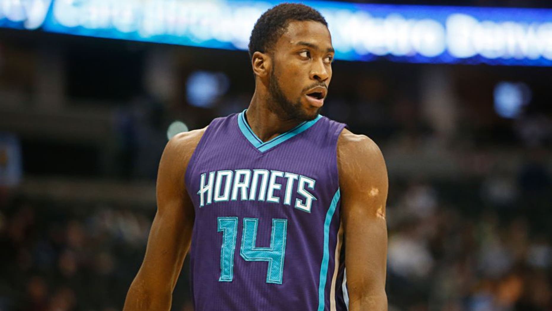 Jan 31, 2015; Denver, CO, USA; Charlotte Hornets forward Michael Kidd-Gilchrist (14) during the game against the Denver Nuggets at Pepsi Center. Mandatory Credit: Chris Humphreys-USA TODAY Sports