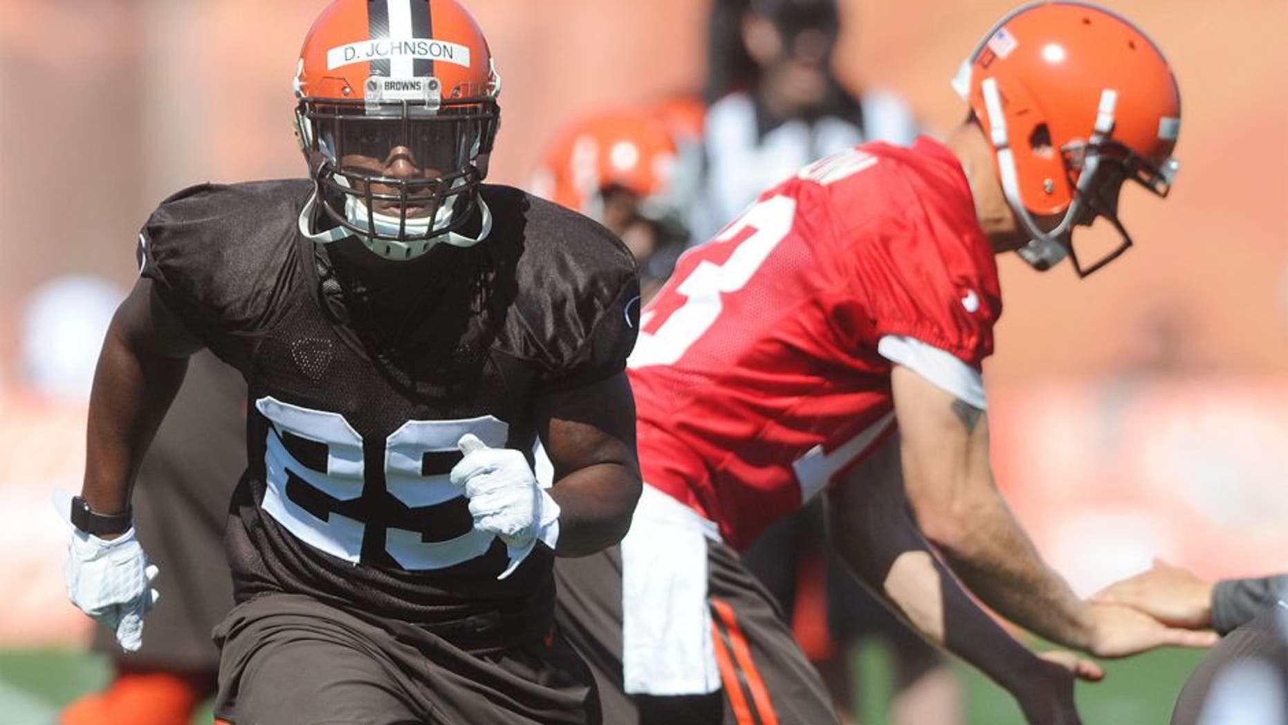 Jul 30, 2015; Berea, OH, USA; Cleveland Browns running back Duke Johnson Jr., (29) runs in motion during a play during training camp at the Cleveland Browns practice facility. Mandatory Credit: Ken Blaze-USA TODAY Sports