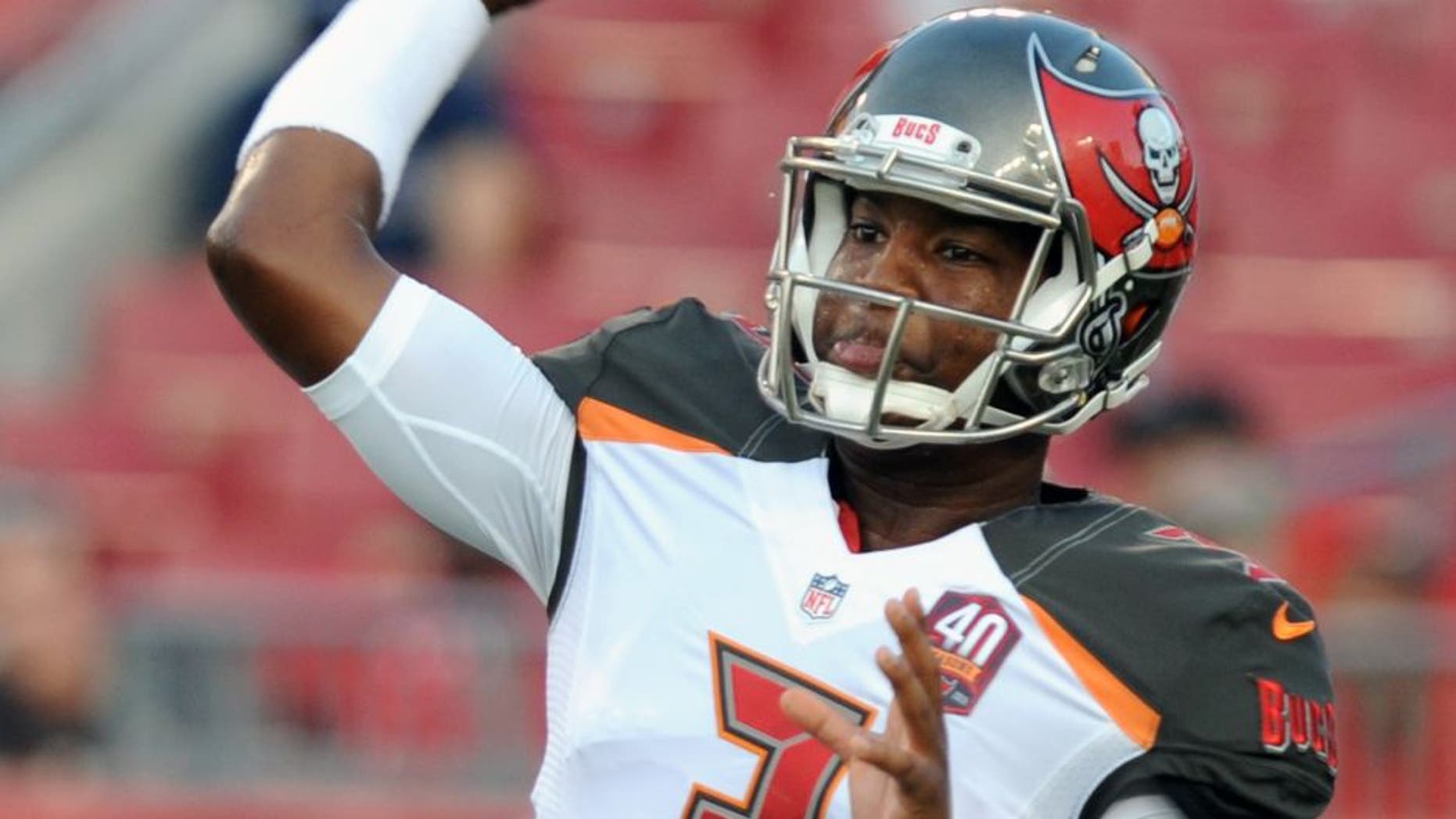 TAMPA, FL - AUGUST 24: Quarterback Jameis Winston #3 of the Tampa Bay Buccaneers throws the ball during warmups at Raymond James Stadium on August 24, 2015 in Tampa, Florida. (Photo by Cliff McBride/Getty Images)