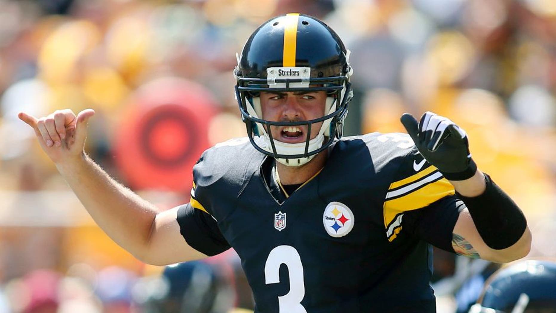 Aug 23, 2015; Pittsburgh, PA, USA; Pittsburgh Steelers quarterback Landry Jones (3) gestures at the line of scrimmage against the Green Bay Packers during the third quarter at Heinz Field. The Steelers won 24-19. Mandatory Credit: Charles LeClaire-USA TODAY Sports