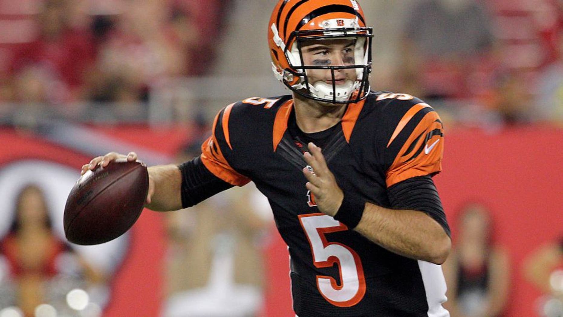 Aug 24, 2015; Tampa, FL, USA; Cincinnati Bengals quarterback AJ McCarron (5) drops to throw during the second half of a preseason NFL football game at Raymond James Stadium. The Tampa Bay Buccaneers beat the Cincinnati Bengals 25-11. Mandatory Credit: Reinhold Matay-USA TODAY Sports