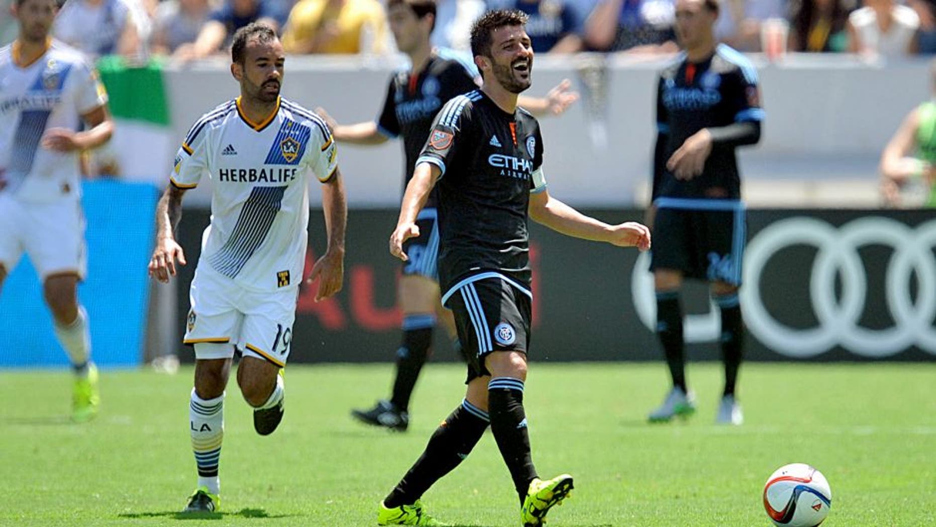 August 23, 2015; Carson, CA, USA; New York City FC forward David Villa (7) reacts to a call against Los Angeles Galaxy during the first half at StubHub Center. Mandatory Credit: Gary A. Vasquez-USA TODAY Sports
