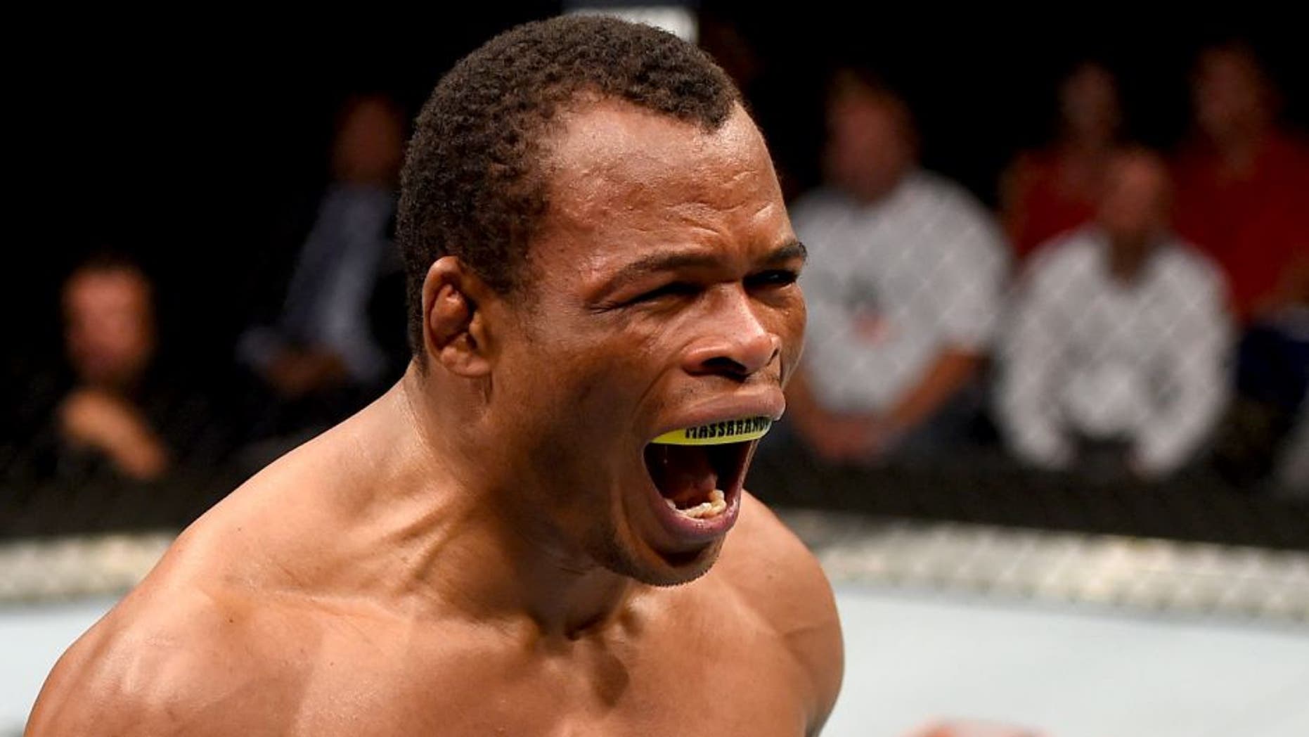 SASKATOON, SK - AUGUST 23: Francisco Trinaldo of Brazil celebrates after his TKO victory over Chad Laprise in their lightweight bout during the UFC event at the SaskTel Centre on August 23, 2015 in Saskatoon, Saskatchewan, Canada. (Photo by Jeff Bottari/Zuffa LLC/Zuffa LLC via Getty Images)
