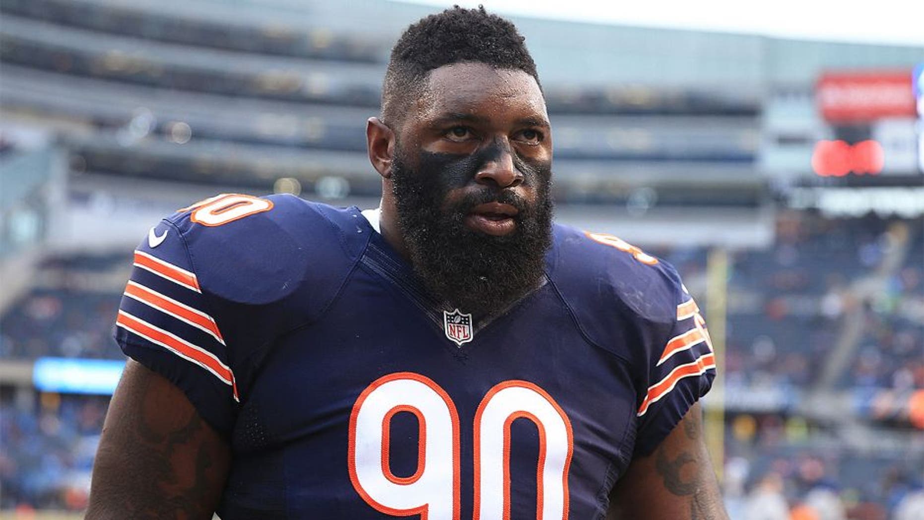 Dec 21, 2014; Chicago, IL, USA; Chicago Bears defensive tackle Jeremiah Ratliff (90) against the Detroit Lions at Soldier Field. The Lions defeated the Bears 20-14. Mandatory Credit: Andrew Weber-USA TODAY Sports