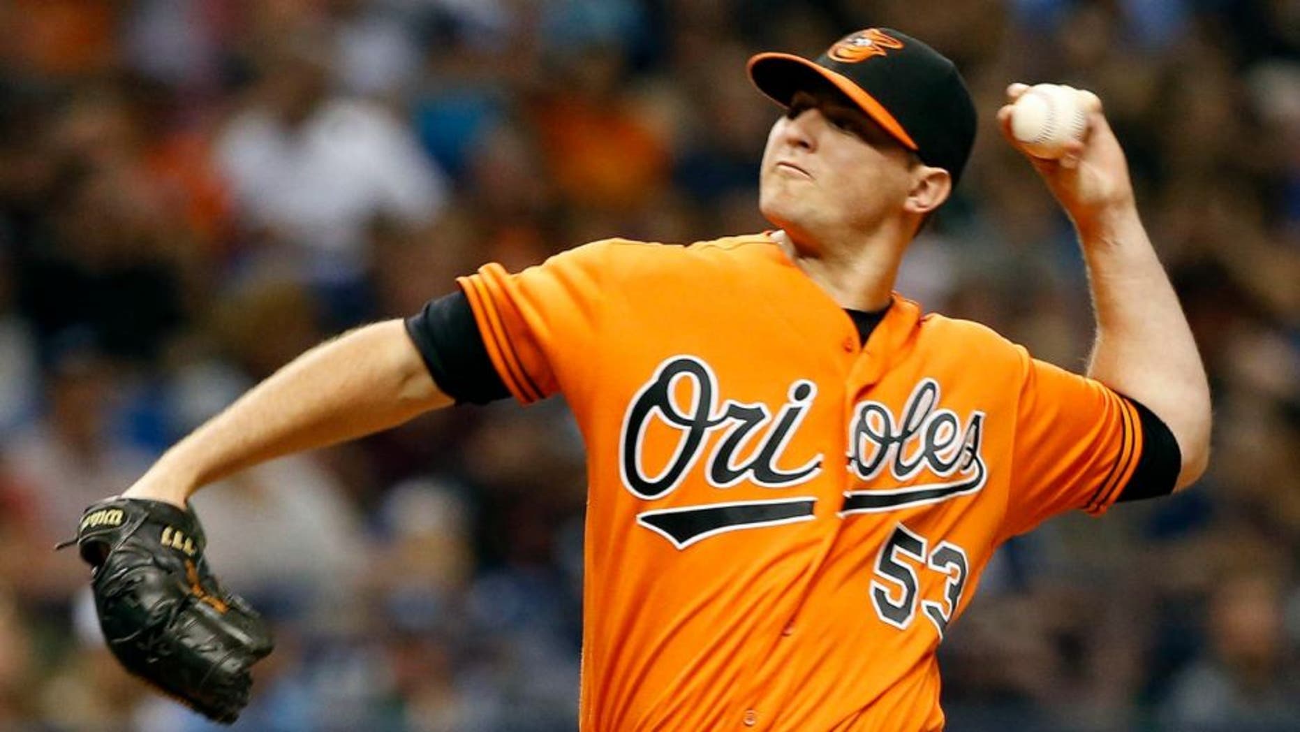 Jul 16, 2016; St. Petersburg, FL, USA; Baltimore Orioles relief pitcher Zach Britton (53) throws a pitch during the ninth inning against the Tampa Bay Rays at Tropicana Field. Baltimore Orioles defeated the Tampa Bay Rays 2-1. Mandatory Credit: Kim Klement-USA TODAY Sports