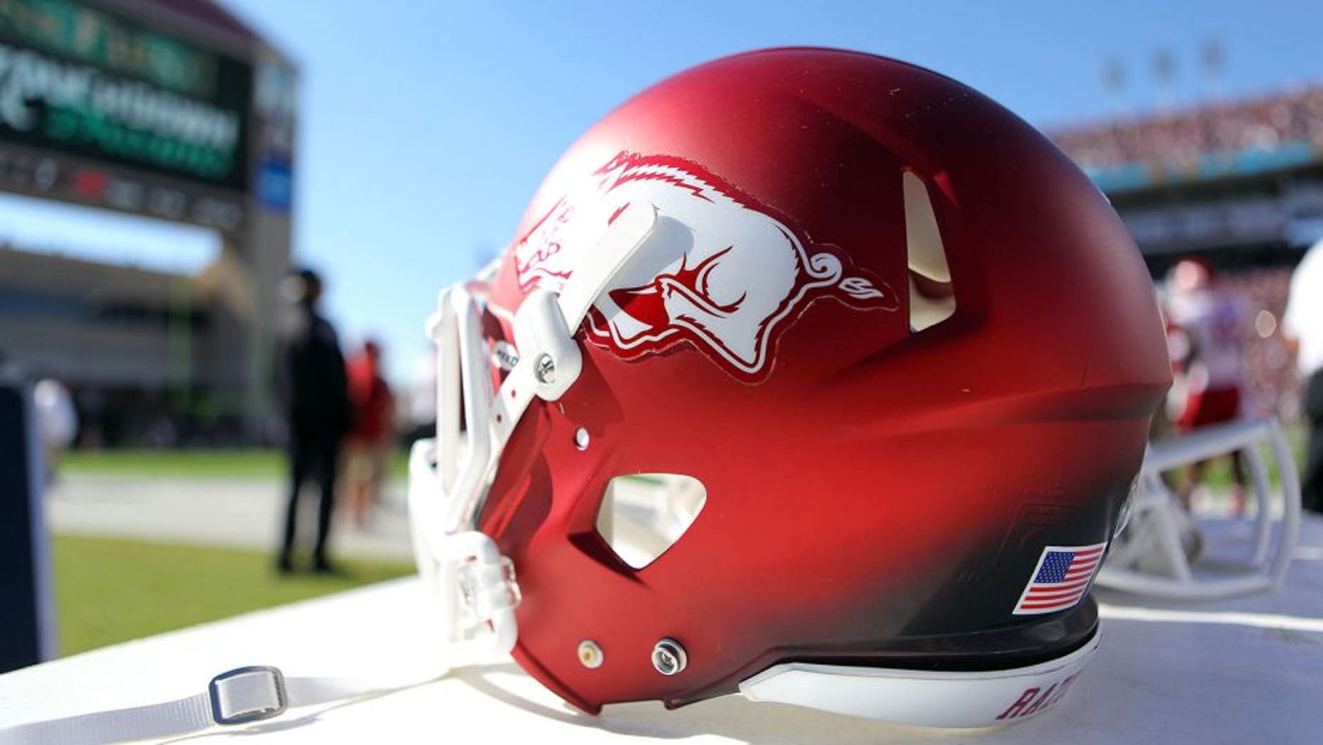 Nov 17, 2012; Starkville, MS, USA; Arkansas Razorbacks helmet during the game between the Mississippi State Bulldogs and the Arkansas Razorbacks at Davis Wade Stadium. Mississippi State Bulldogs defeated the Arkansas Razorbacks 45-14. Mandatory Credit: Spruce DerdenâÃìUSA TODAY Sports