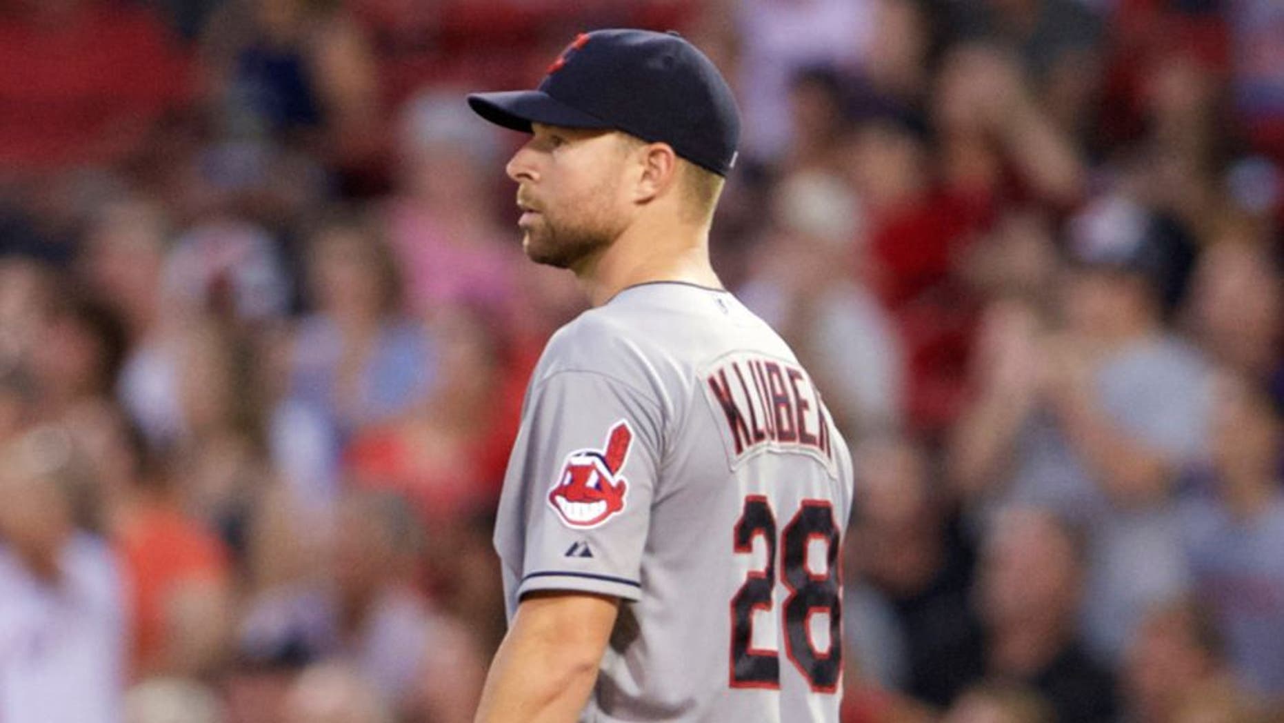 Aug 19, 2015; Boston, MA, USA; Boston Red Sox first baseman Travis Shaw (47) rounds the bases after hitting a home run against Cleveland Indians starting pitcher Corey Kluber (28) in the second inning at Fenway Park. Mandatory Credit: David Butler II-USA TODAY Sports