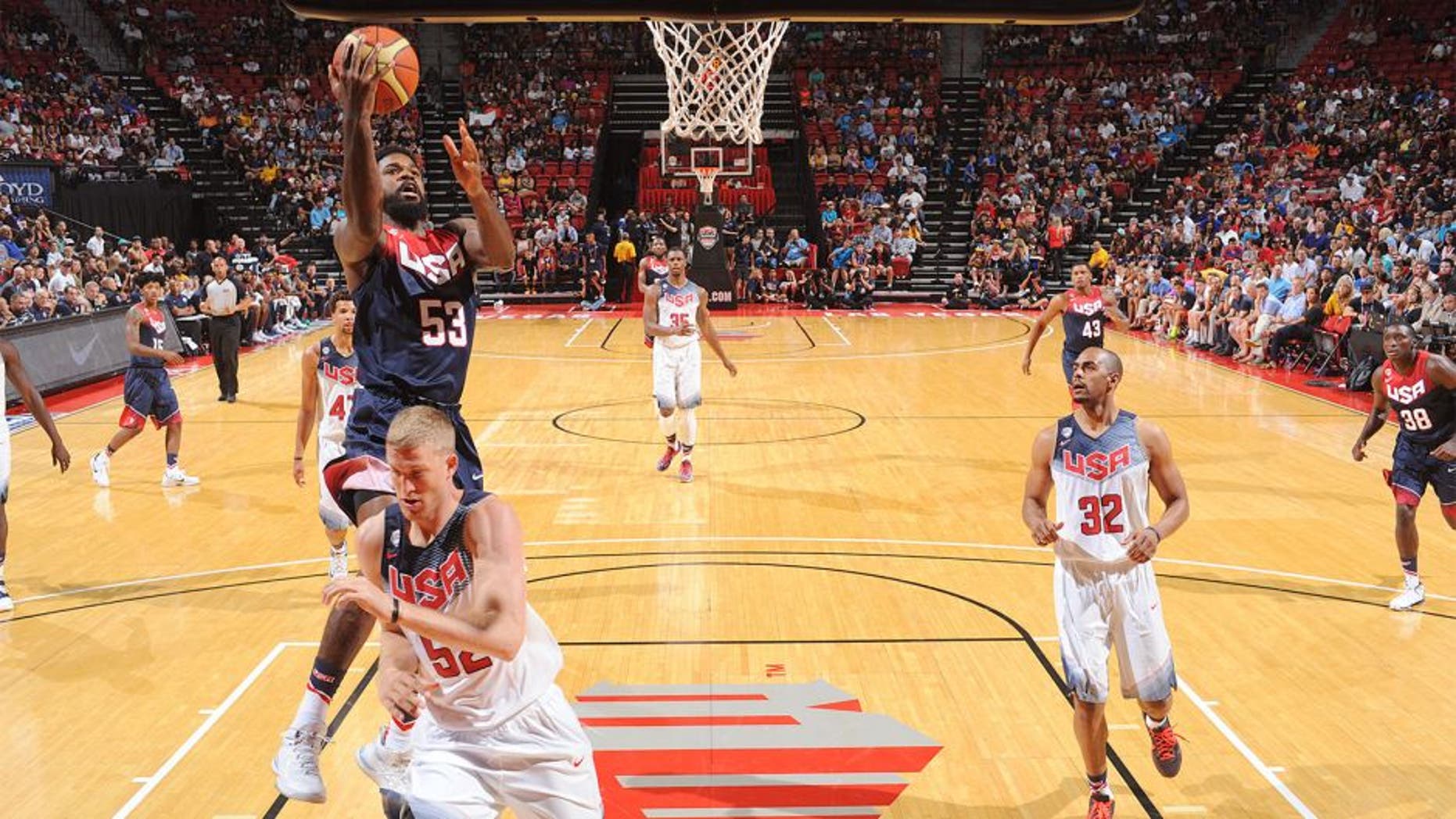 LAS VEGAS, NV - AUGUST 13: Amir Johnson #53 of the USA Blue Team goes up for a shot against the USA White Team during Team USA Basketball Showcase on August 13, 2015 at the Thomas & Mack Center in Las Vegas, Nevada. NOTE TO USER: User expressly acknowledges and agrees that, by downloading and/or using this Photograph, user is consenting to the terms and conditions of the Getty Images License Agreement. Mandatory Copyright Notice: Copyright 2015 NBAE (Photo by Garrett Ellwood/NBAE via Getty Images)
