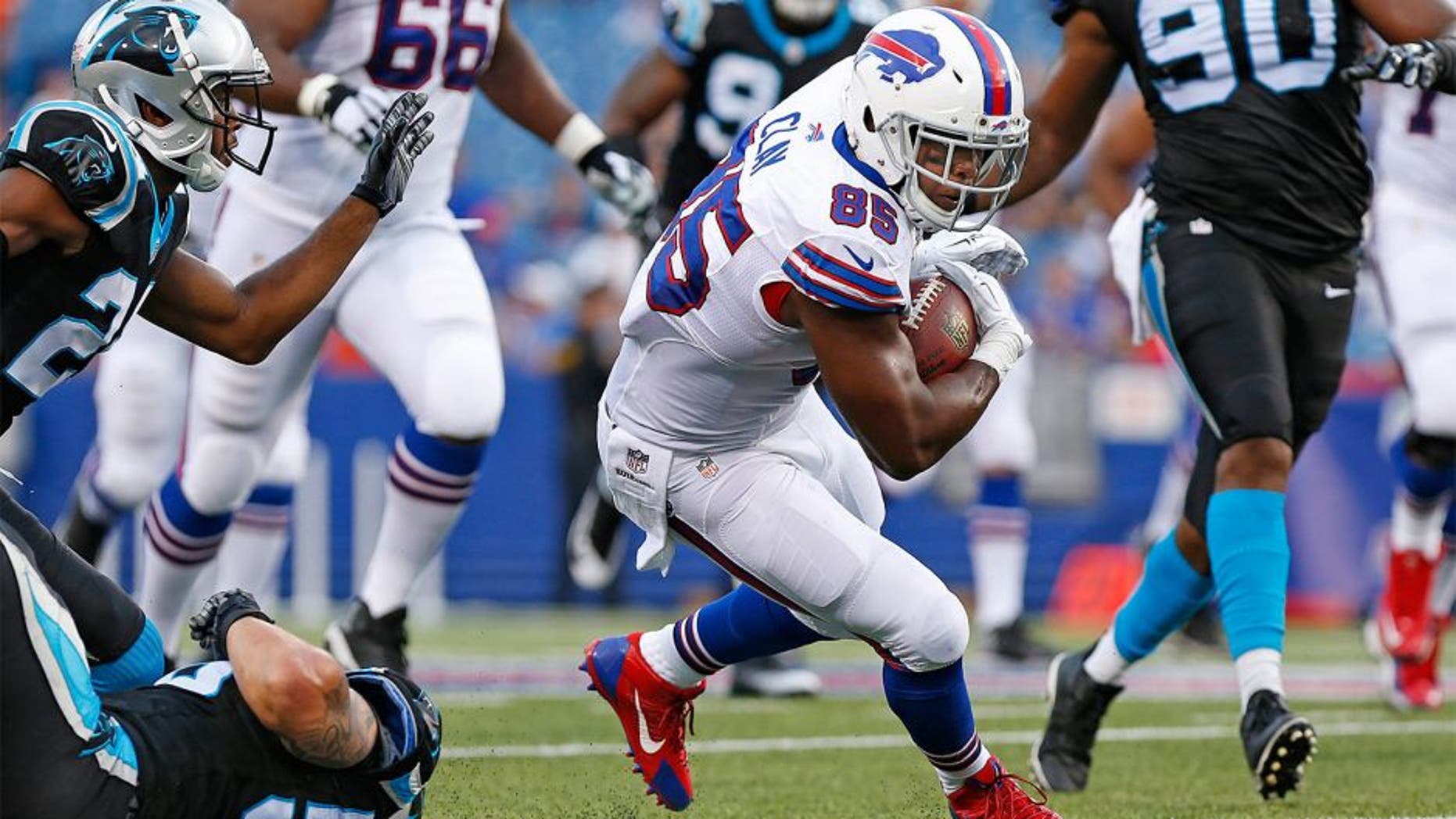 Aug 14, 2015; Orchard Park, NY, USA; Buffalo Bills tight end Charles Clay (85) runs with the ball after a catch against the Carolina Panthers during the first quarter at a preseason NFL football game at Ralph Wilson Stadium. Mandatory Credit: Kevin Hoffman-USA TODAY Sports