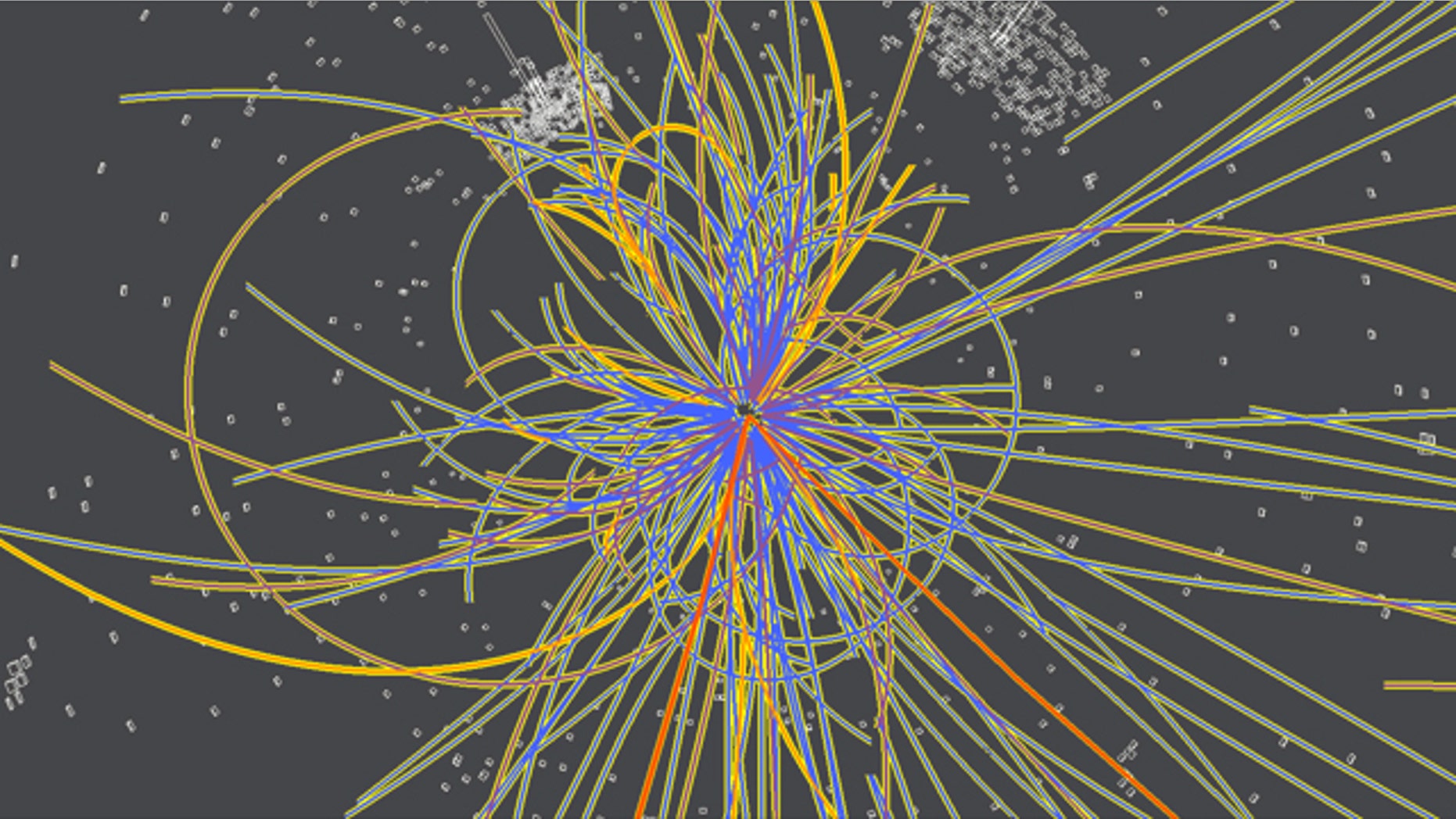 This simulation shows the production of a Higgs boson following a collision of two protons. The Higgs decays into two jets of hadrons and two electrons
