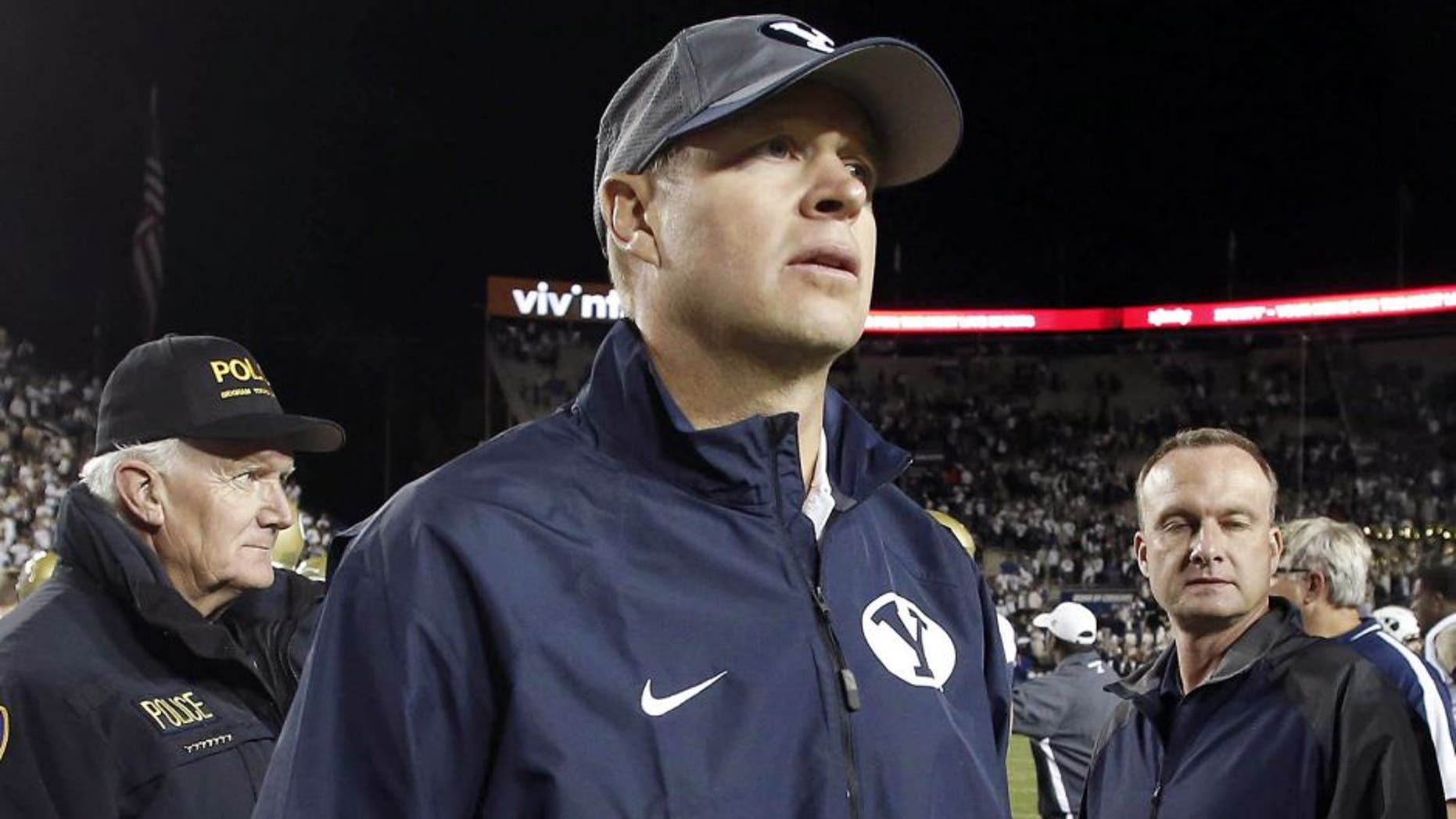 Oct 12, 2013; Provo, UT, USA; Brigham Young Cougars head coach Bronco Mendenhall after the second half of a football game against the Georgia Tech Yellow Jackets at Lavell Edwards Stadium. Brigham Young Cougars won 38-20. Mandatory Credit: Jim Urquhart-USA TODAY Sports