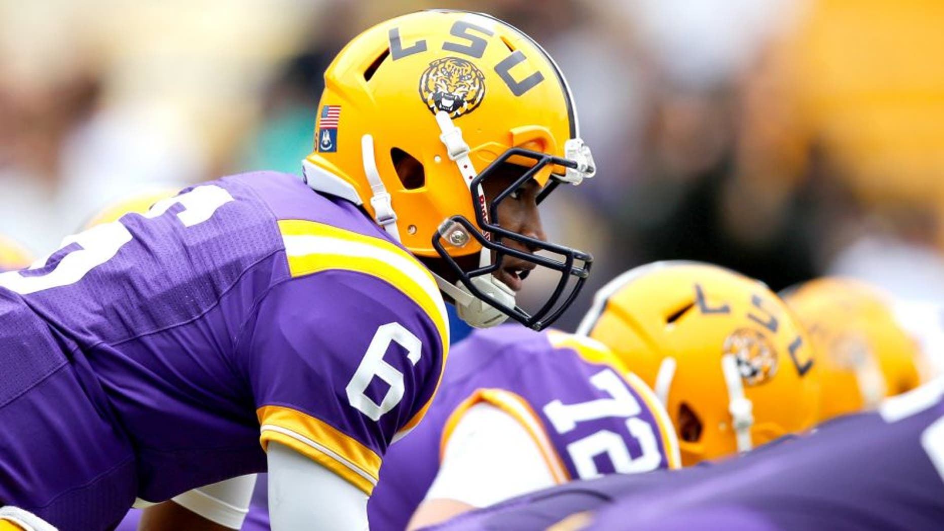 Apr 5, 2014; Baton Rouge, LA, USA; LSU Tigers quarterback Brandon Harris (6) during the 2014 spring game at Tiger Stadium. Mandatory Credit: Derick E. Hingle-USA TODAY Sports