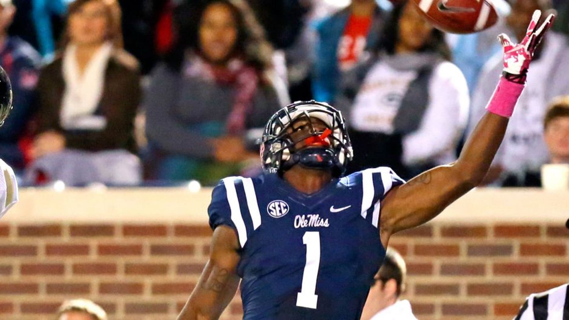 Oct 26, 2013; Oxford, MS, USA; Mississippi Rebels wide receiver Laquon Treadwell (1) catches the ball against the Idaho Vandalsat Vaught-Hemingway Stadium. Mandatory Credit: Spruce Derden-USA TODAY Sports