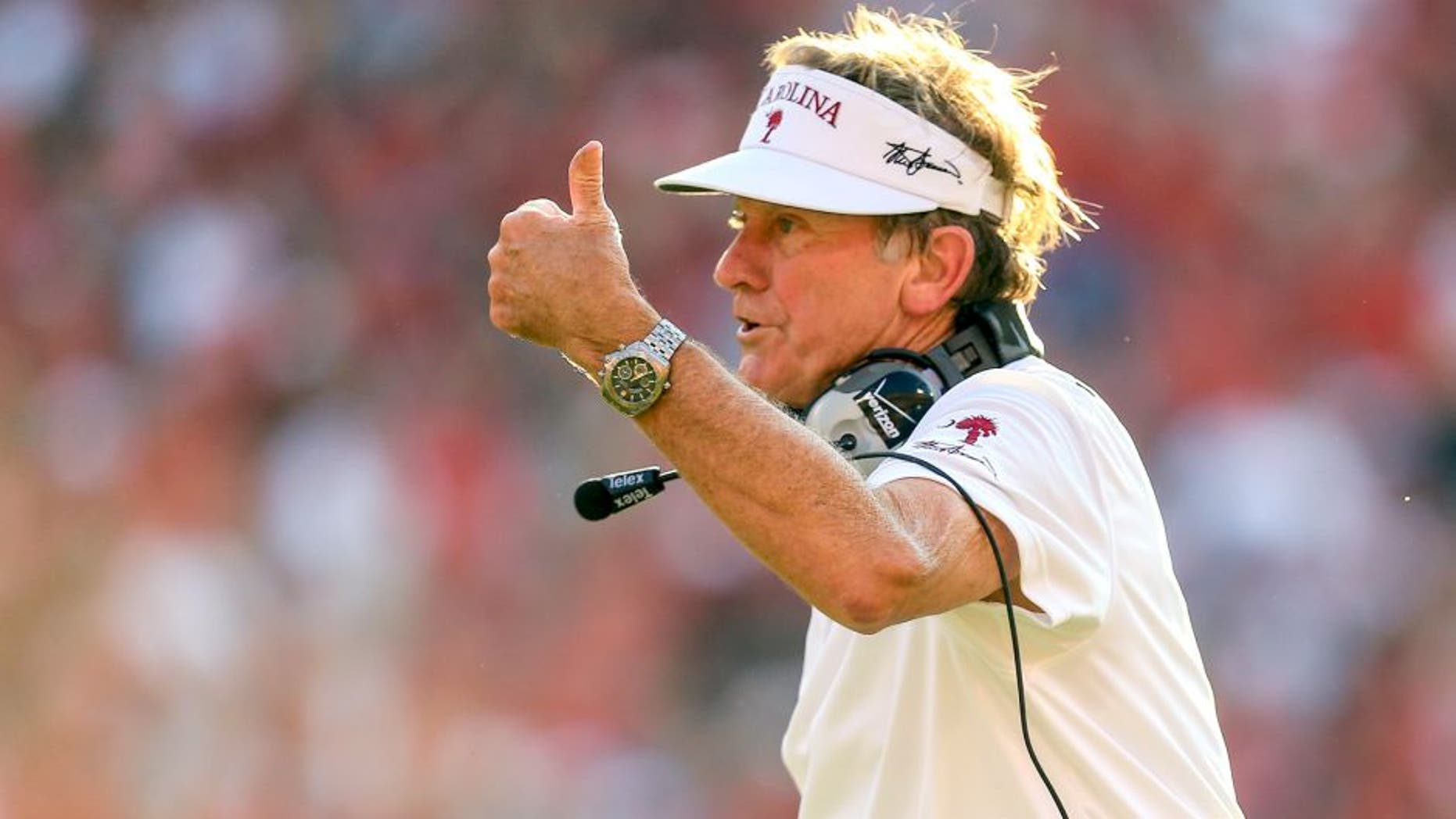 Sep 7, 2013; Athens, GA, USA; South Carolina Gamecocks head coach Steve Spurrier reacts to a play in the second half against the Georgia Bulldogs at Sanford Stadium. Georgia won 41-30. Mandatory Credit: Daniel Shirey-USA TODAY Sports