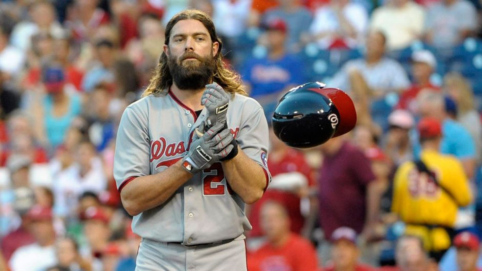 Aug 25, 2014; Philadelphia, PA, USA; Washington Nationals right fielder Jayson Werth (28) tosses his helmet after striking out to end the first inning against the Philadelphia Phillies at Citizens Bank Park. Mandatory Credit: Eric Hartline-USA TODAY Sports