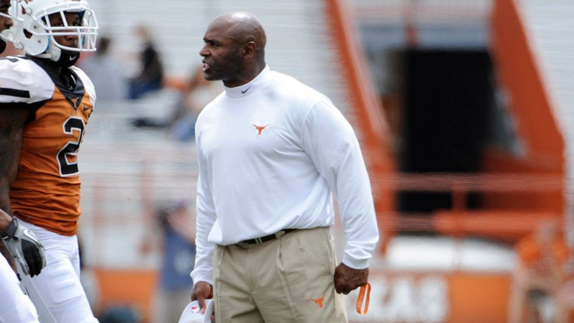 Apr 19, 2014; Austin, TX, USA; Texas Longhorns head coach Charlie Strong reacts during the Spring Game at Texas Memorial Stadium. Mandatory Credit: Brendan Maloney-USA TODAY Sports