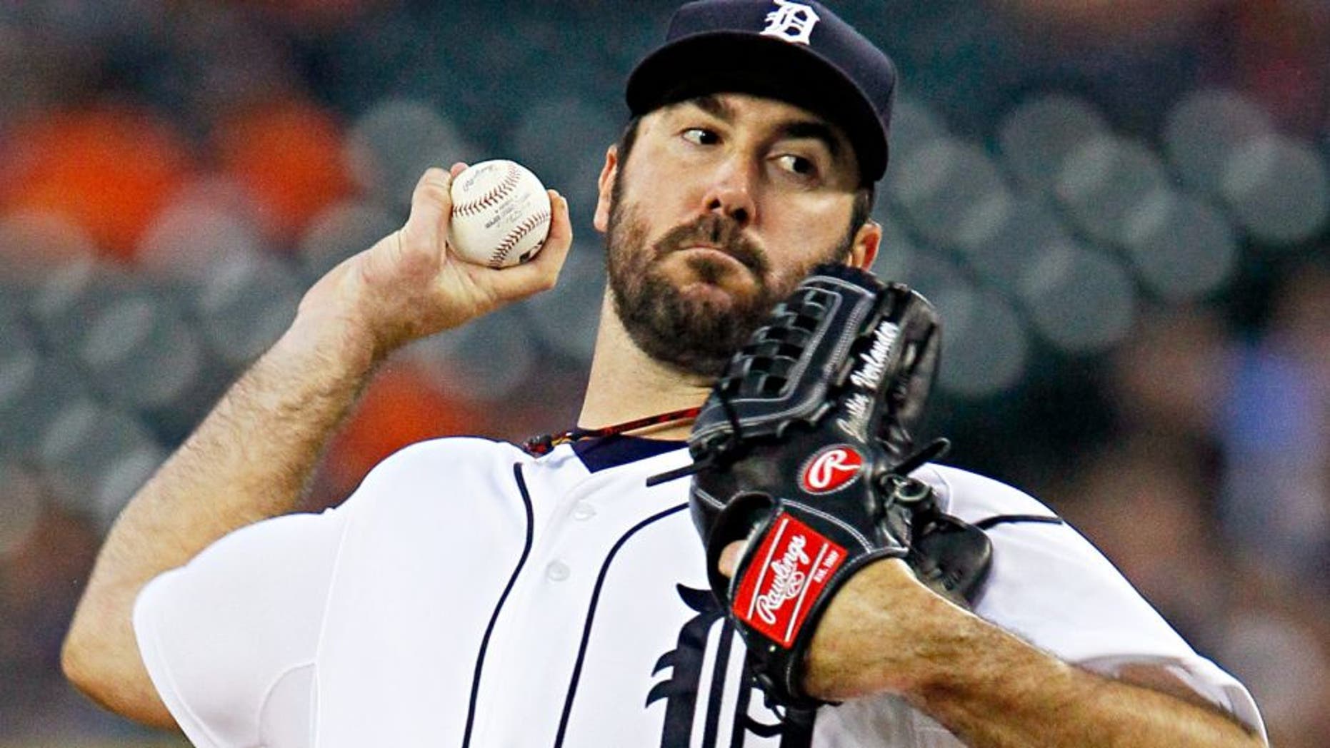 DETROIT, MI - AUGUST 26: Pitcher Justin Verlander #35 of the Detroit Tigers delivers against the Los Angeles Angels of Anaheim during the first inning at Comerica Park on August 26, 2015 in Detroit, Michigan. (Photo by Duane Burleson/Getty Images)