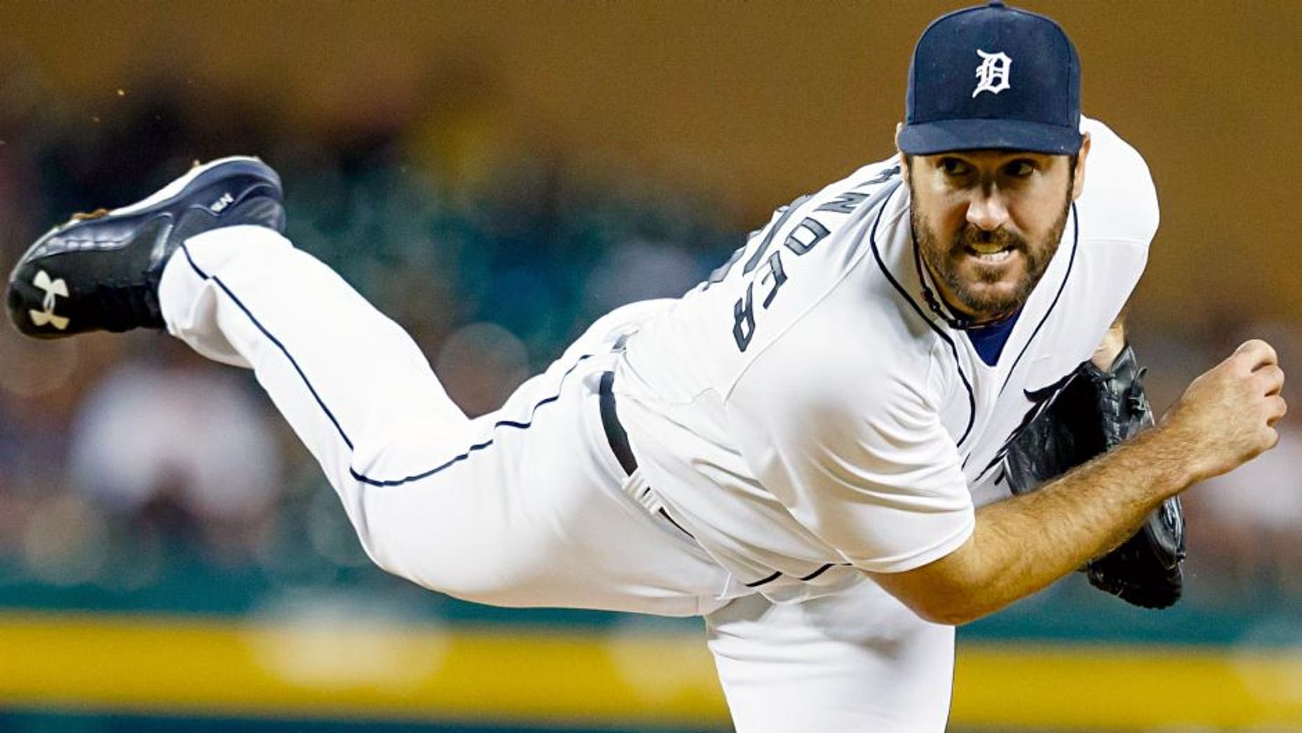 Aug 26, 2015; Detroit, MI, USA; Detroit Tigers starting pitcher Justin Verlander (35) pitches in the eighth inning against the Los Angeles Angels at Comerica Park. Detroit won 5-0. Mandatory Credit: Rick Osentoski-USA TODAY Sports