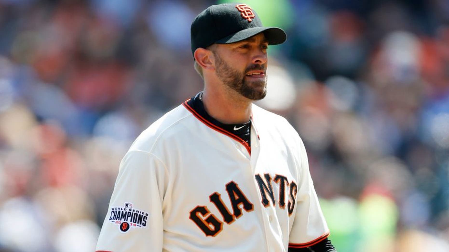 SAN FRANCISCO, CA - APRIL 23: Jeremy Affeldt #41 of the San Francisco Giants stands on the field during the game against the Los Angeles Dodgers at AT&T Park on April 23, 2015 in San Francisco, California. The Giants defeated the Dodgers 3-2. (Photo by Michael Zagaris/Getty Images)