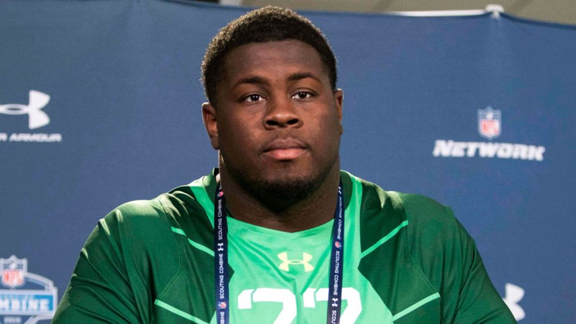 Feb 20, 2015; Indianapolis, IN, USA; Florida State defensive lineman Eddie Goldman speaks to the media at the 2015 NFL Combine at Lucas Oil Stadium. Mandatory Credit: Trevor Ruszkowski-USA TODAY Sports
