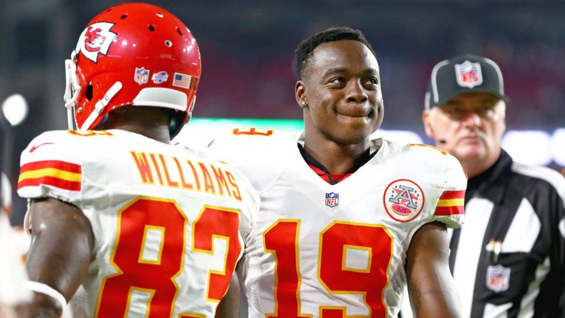 Aug 15, 2015; Glendale, AZ, USA; Kansas City Chiefs wide receiver Jeremy Maclin (19) and Fred Williams (83) against the Arizona Cardinals during a preseason NFL football game at University of Phoenix Stadium. Mandatory Credit: Mark J. Rebilas-USA TODAY Sports