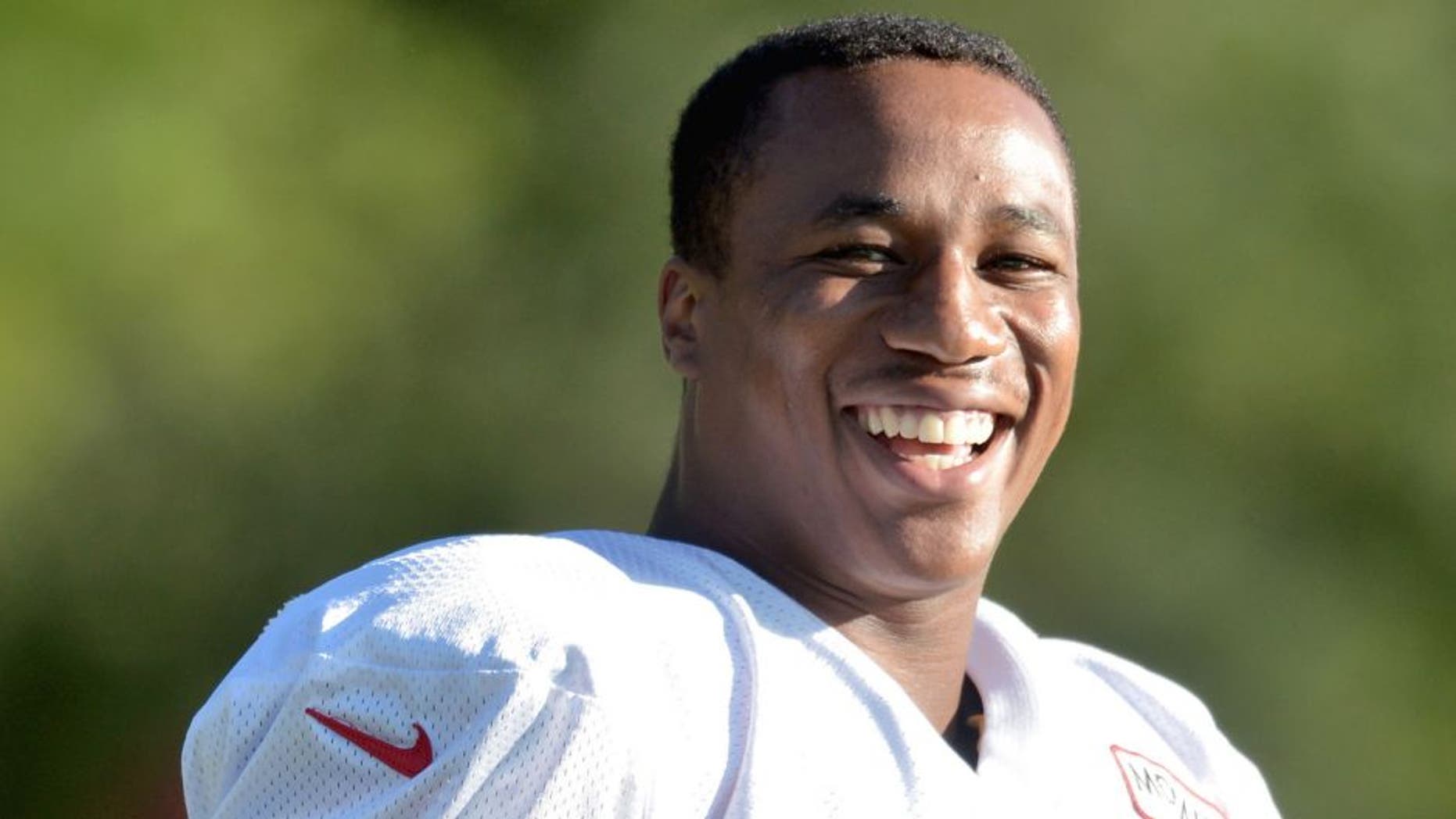 Aug 11, 2015; St. Joseph, MO, USA; Kansas City Chiefs cornerback Marcus Peters (22) takes a break during the training camp at Missouri Western State University. Mandatory Credit: Denny Medley-USA TODAY Sports